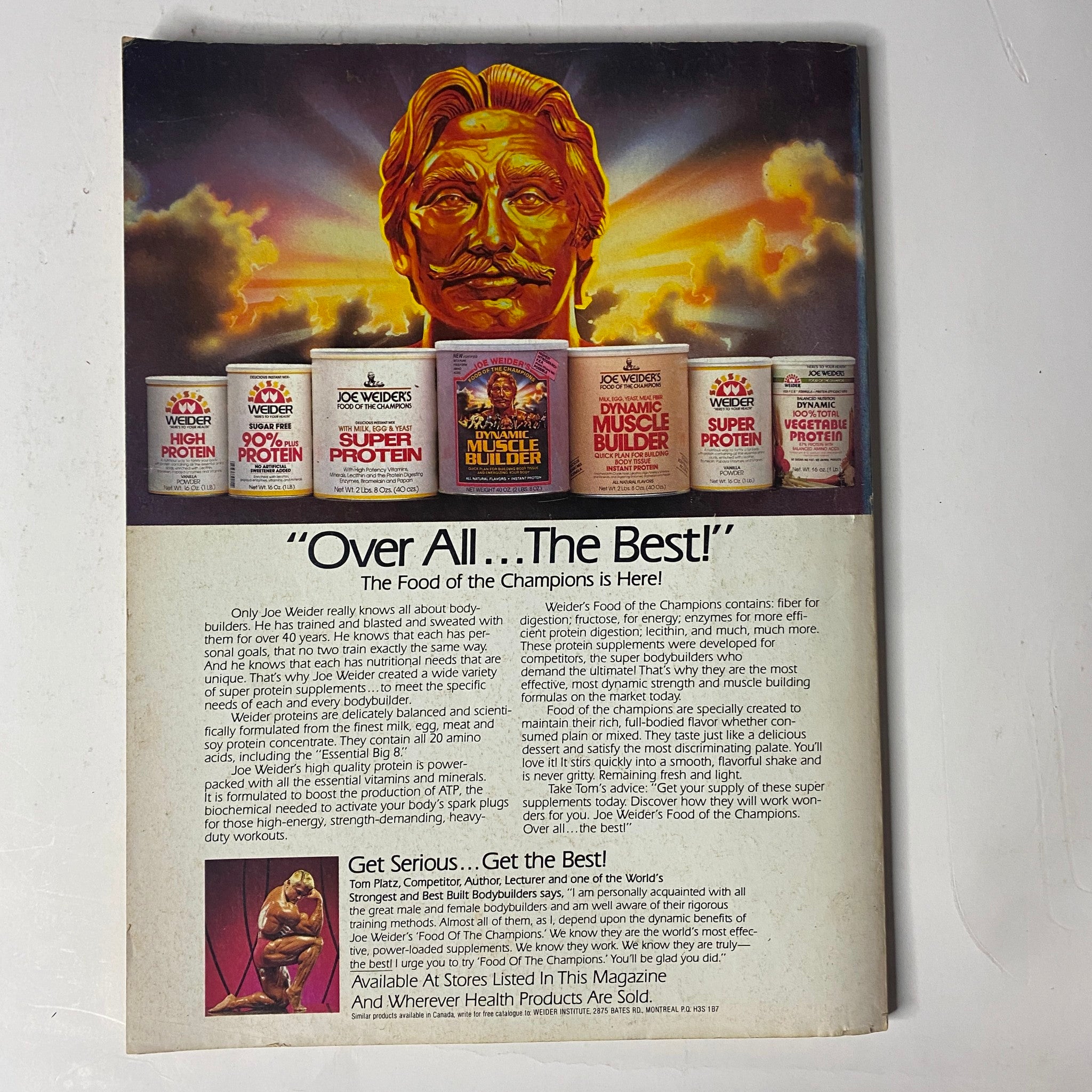 Back cover of Muscle & Fitness Magazine May 1984 showcasing a promotional advertisement for Weider's protein products with a golden statue illustration.