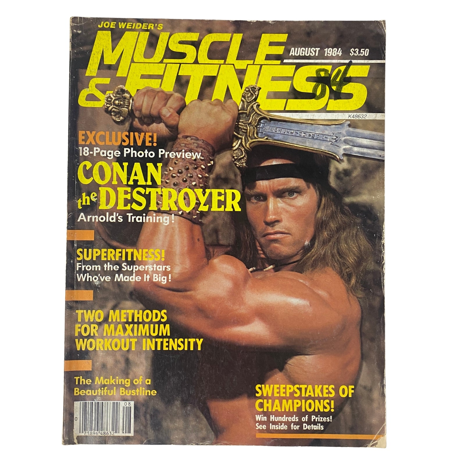 Muscle & Fitness Magazine August 1984 featuring Arnold Schwarzenegger as Conan the Destroyer on the cover, showcasing bodybuilding and fitness themes.