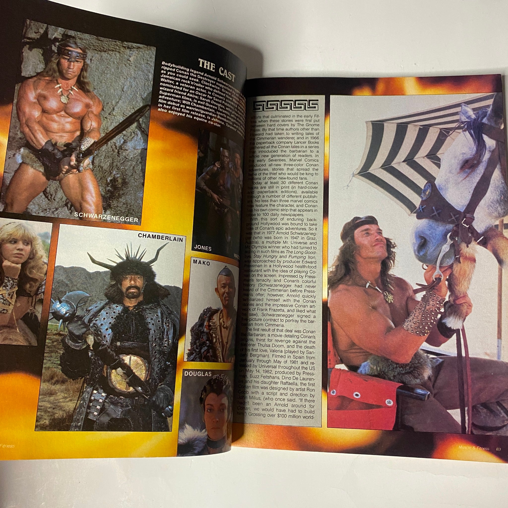 Feature spread in Muscle & Fitness Magazine August 1984 illustrating the cast of Conan the Destroyer, with photos and descriptions of key characters from the film.