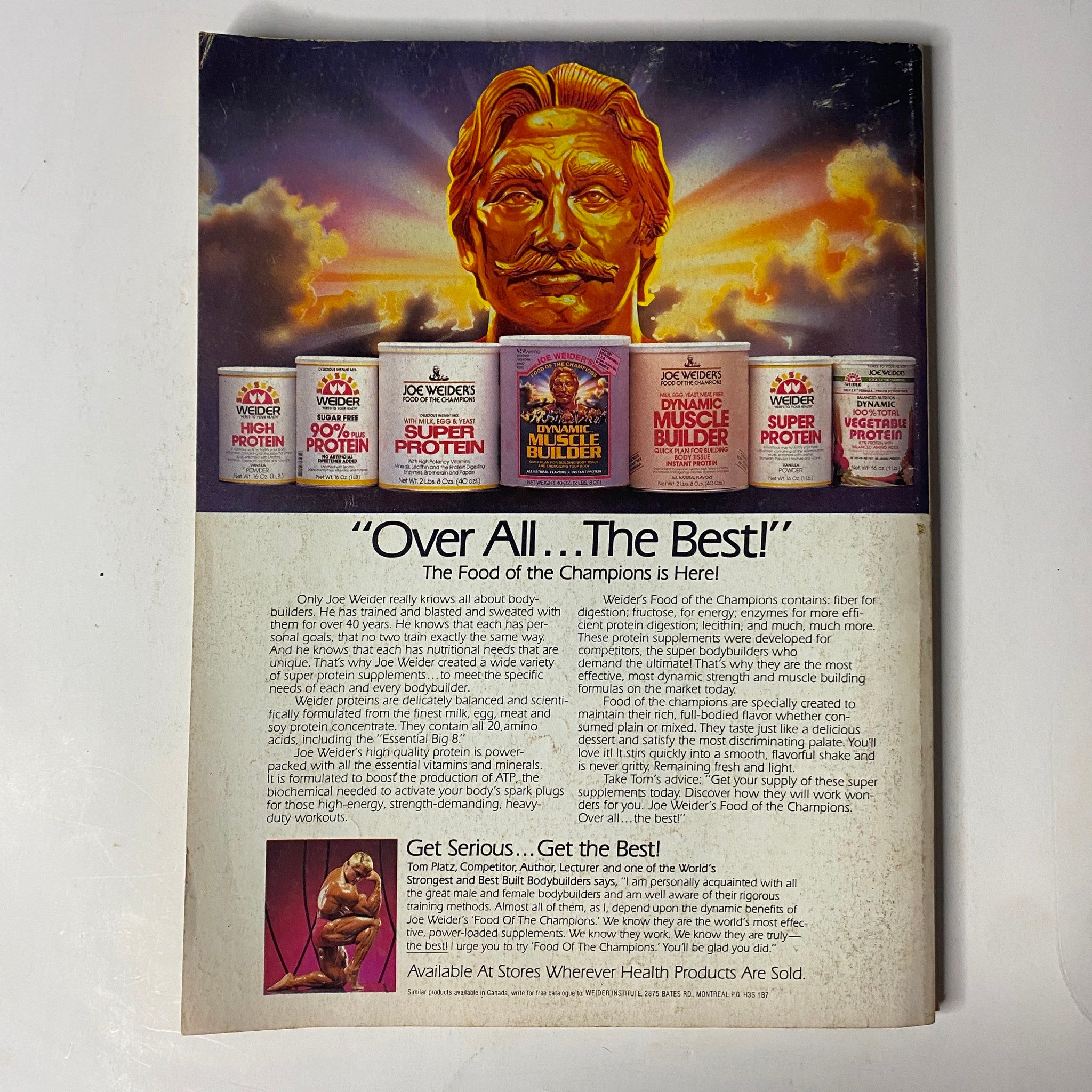 Muscle & Fitness Magazine August 1984 back cover advertisement for Joe Weider's protein products, promoting health and bodybuilding supplements.