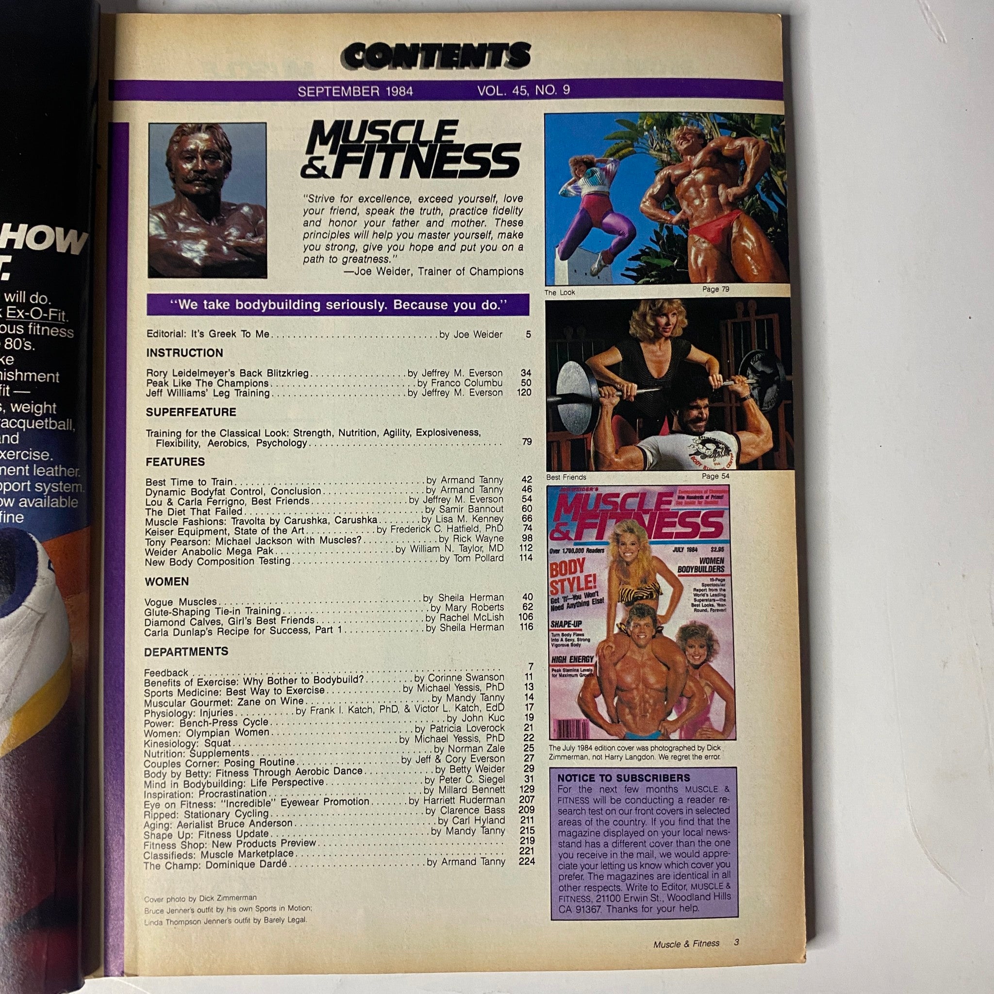 Contents page of Muscle & Fitness Magazine September 1984, detailing features on classical bodybuilding, fitness instruction, and notable articles about training and nutrition.