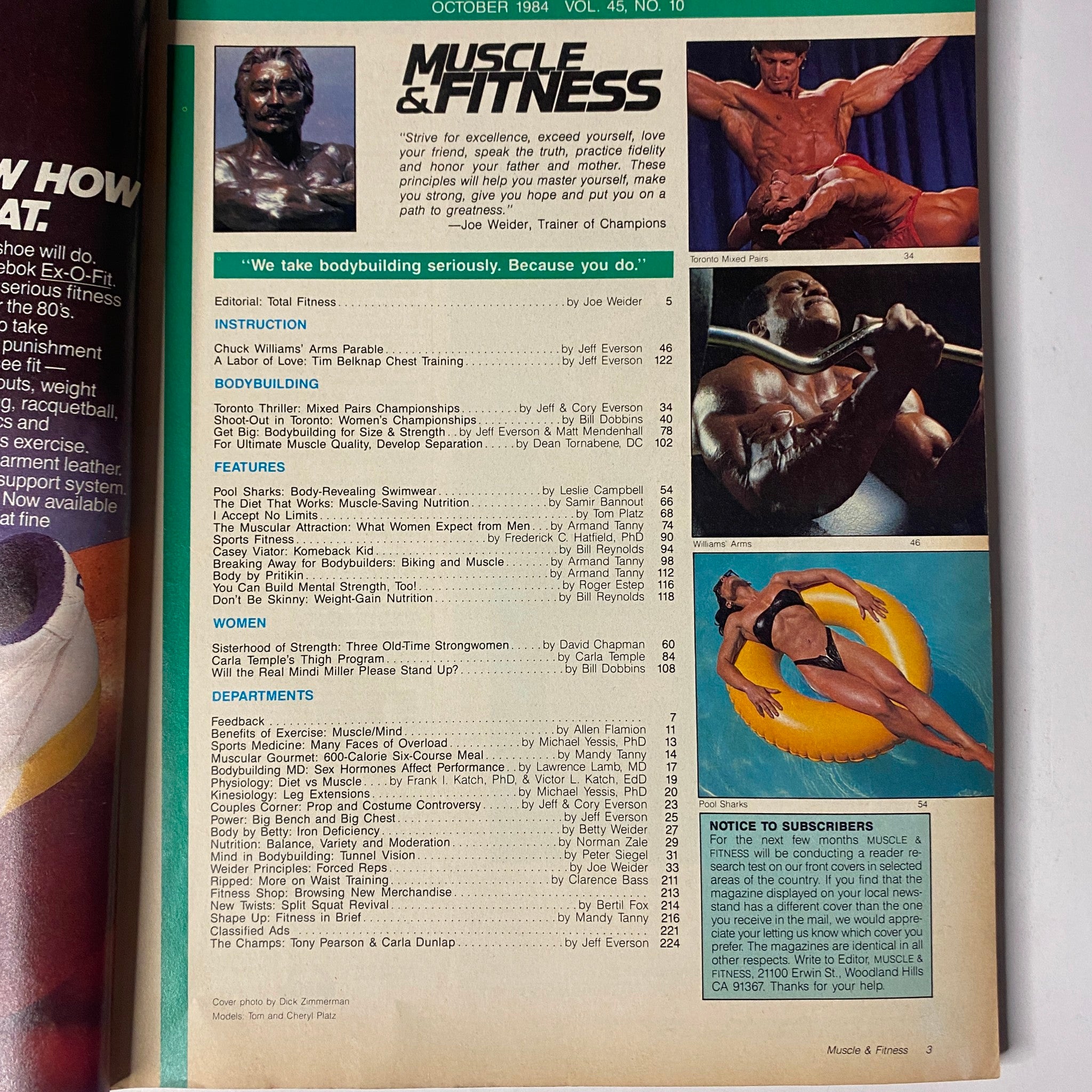 Inside page of Muscle & Fitness Magazine October 1984 showcasing articles on fitness regimes, athlete profiles, and bodybuilding guidance.