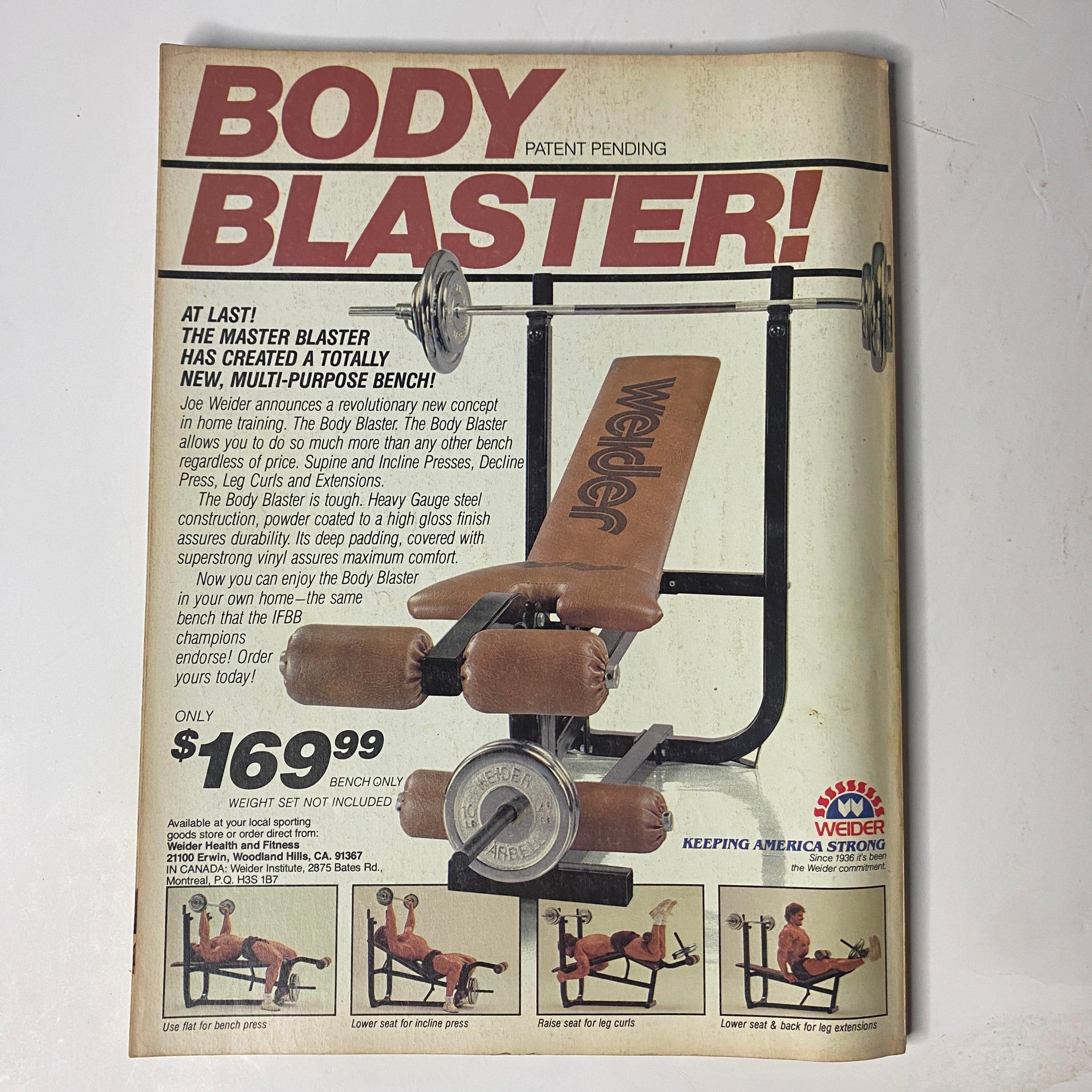 Ad for the Body Blaster bench featured in Muscle & Fitness Magazine October 1984, highlighting its multipurpose functionality for fitness enthusiasts.