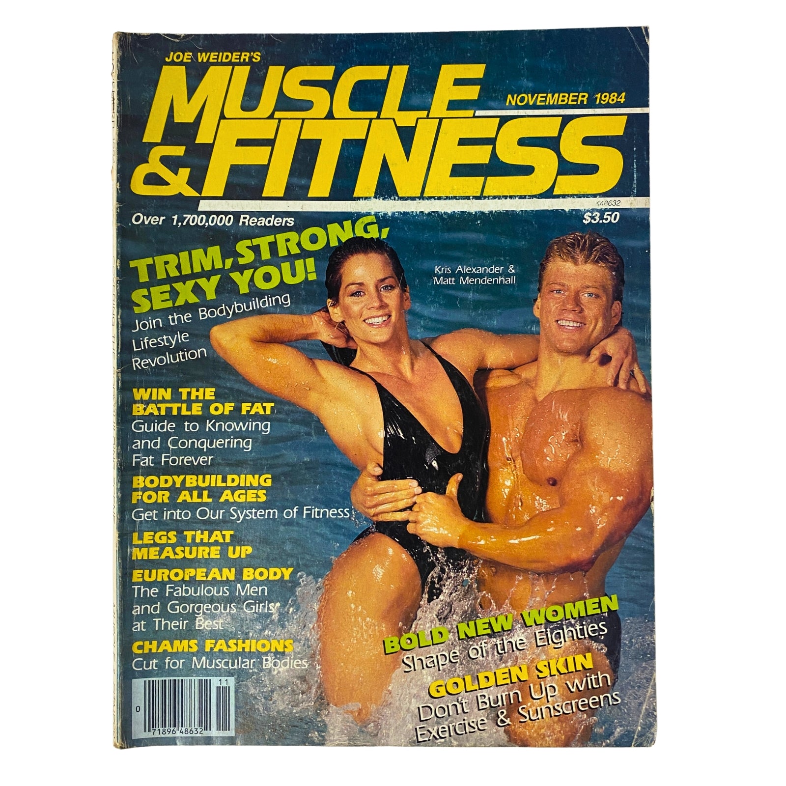 Cover of Muscle & Fitness Magazine November 1984 featuring Kris Alexander and Matt Mendenhall, promoting bodybuilding lifestyle and health. Highlights include fitness tips, nutrition advice, and profiles of bodybuilders.