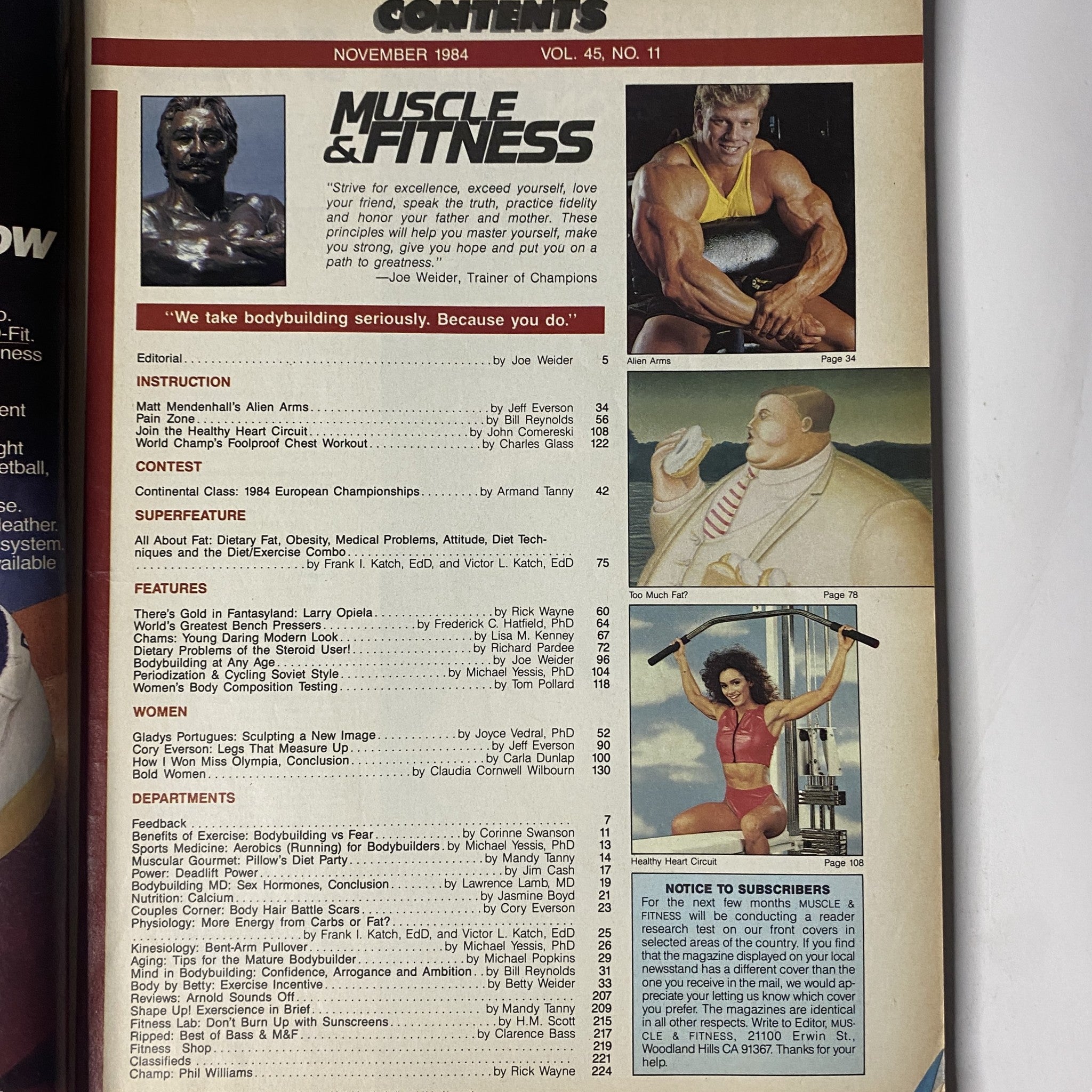 Inside spread of Muscle & Fitness Magazine November 1984 showcasing table of contents, editorial notes, and features about bodybuilding workouts, nutrition, and women in fitness.