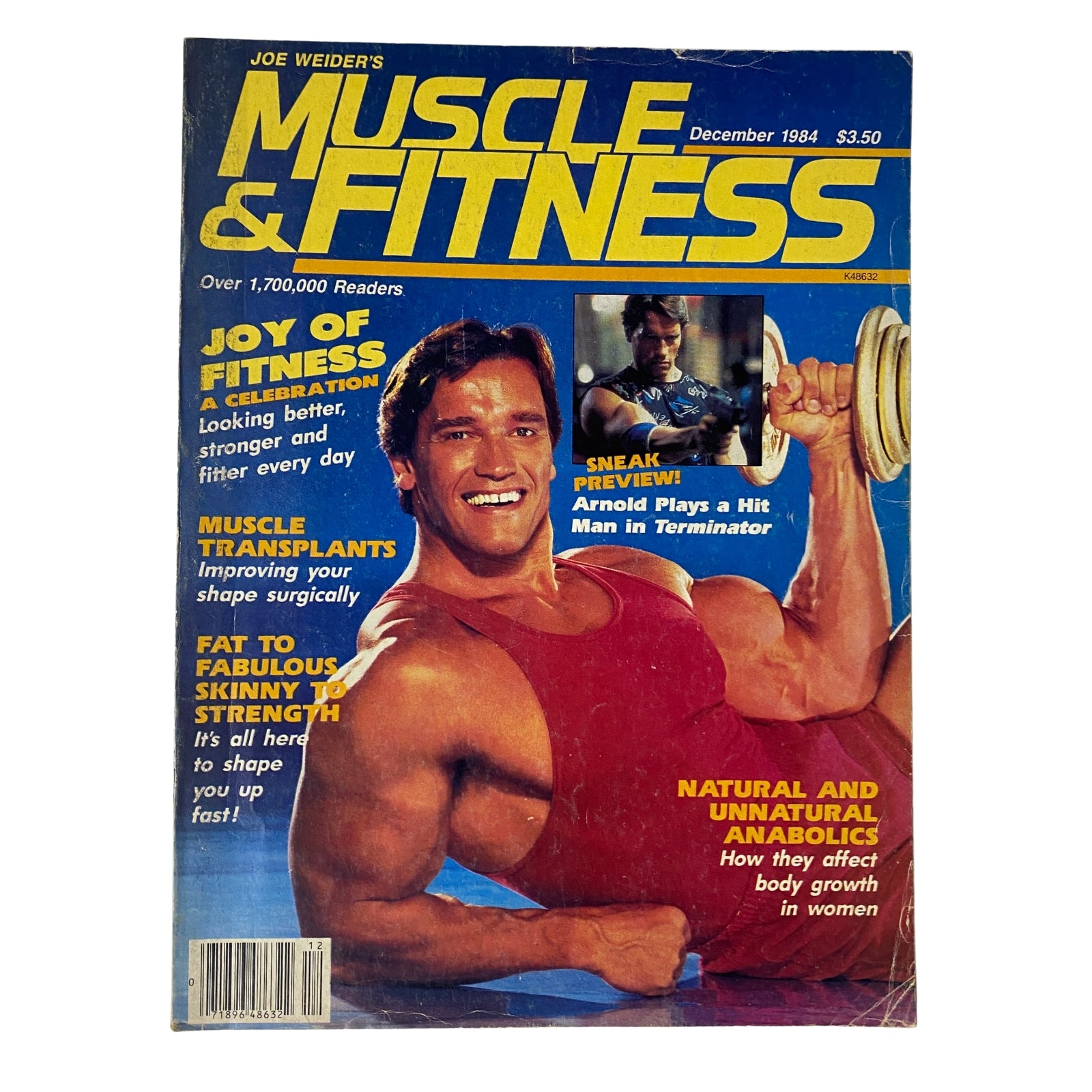 Muscle & Fitness Magazine December 1984 cover featuring a muscular man, promoting fitness and bodybuilding with the tagline 'Joy of Fitness & Celebration'.