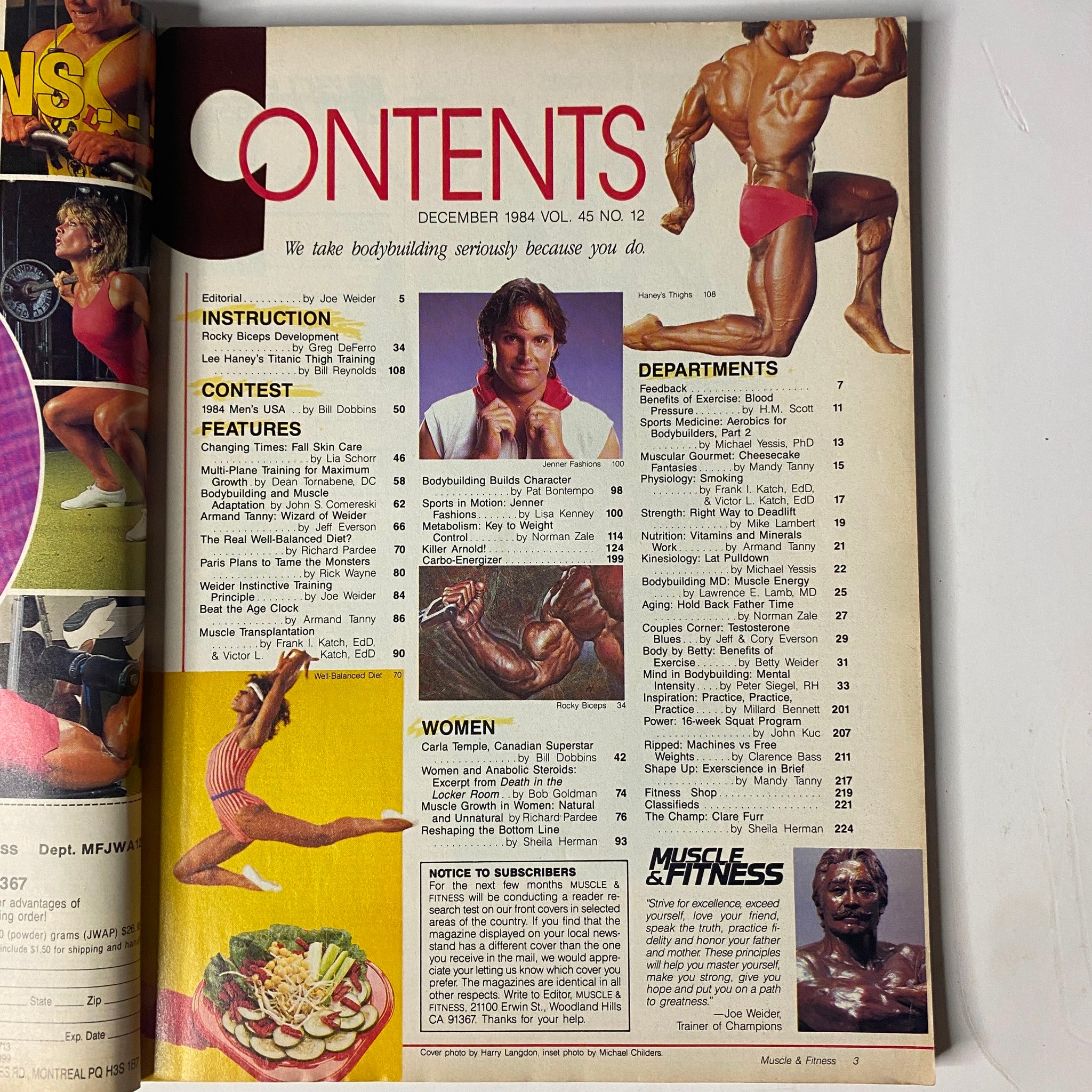 Contents page of Muscle & Fitness Magazine December 1984 detailing articles on bodybuilding, fitness instruction, and notable figures in sports.