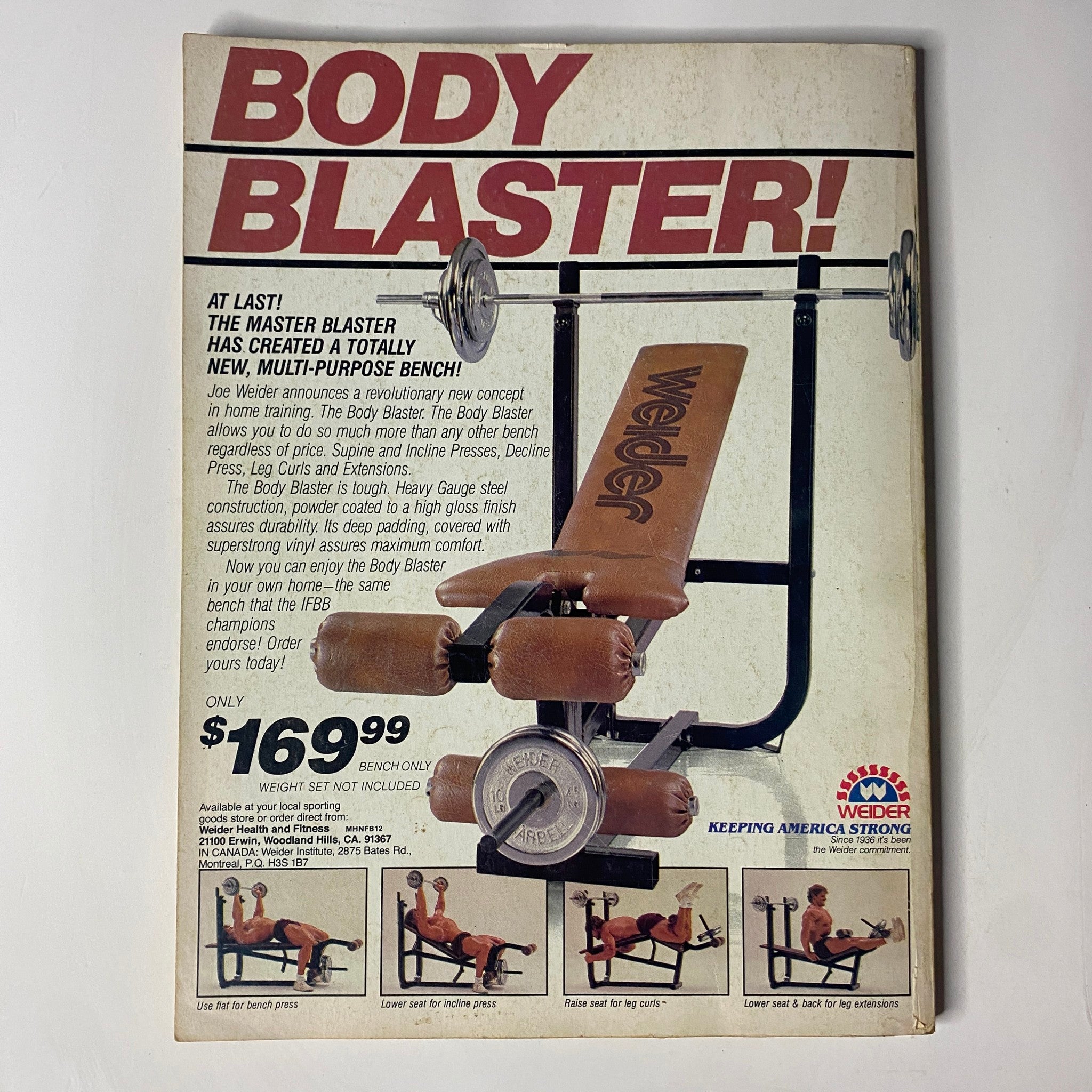 Advertisement for the Weider Body Blaster in Muscle & Fitness Magazine December 1984, showcasing a multi-purpose exercise bench with pricing and usage features.