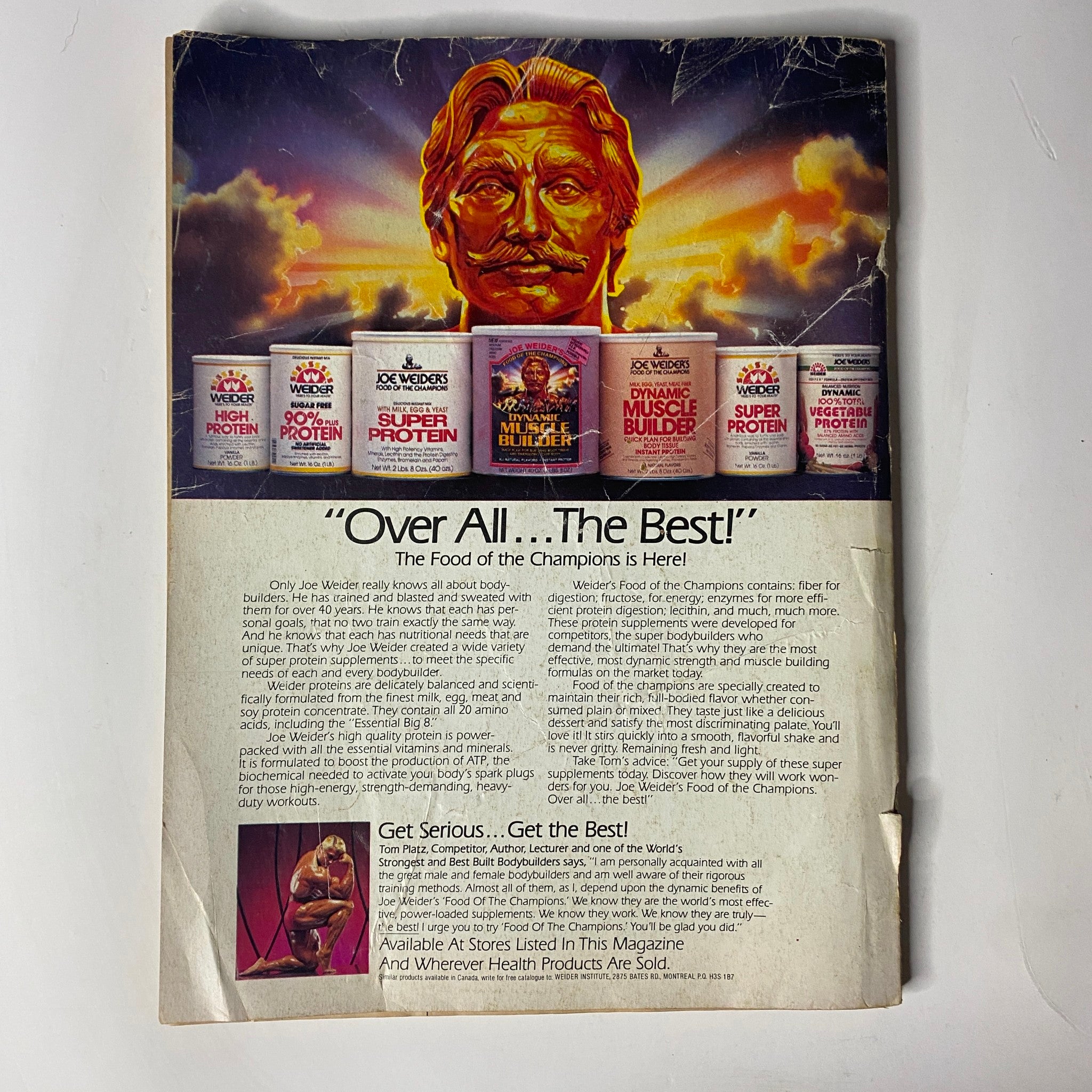 Back cover of the Muscle & Fitness Magazine July 1984 featuring an advertisement for Joe Weider's products with a vintage design.
