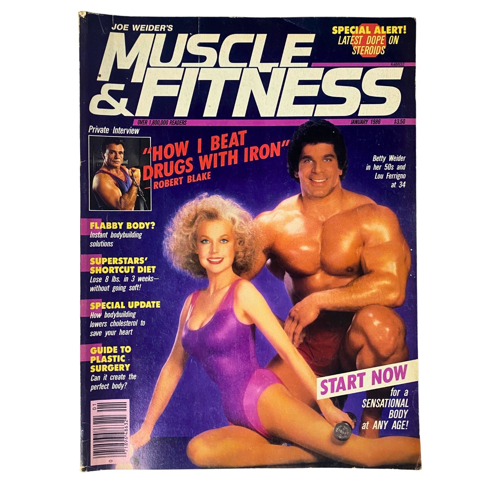Cover of Muscle & Fitness Magazine January 1986 featuring Betty Weider and Lou Ferrigno, with highlights on bodybuilding topics including drug awareness and fitness guidance.