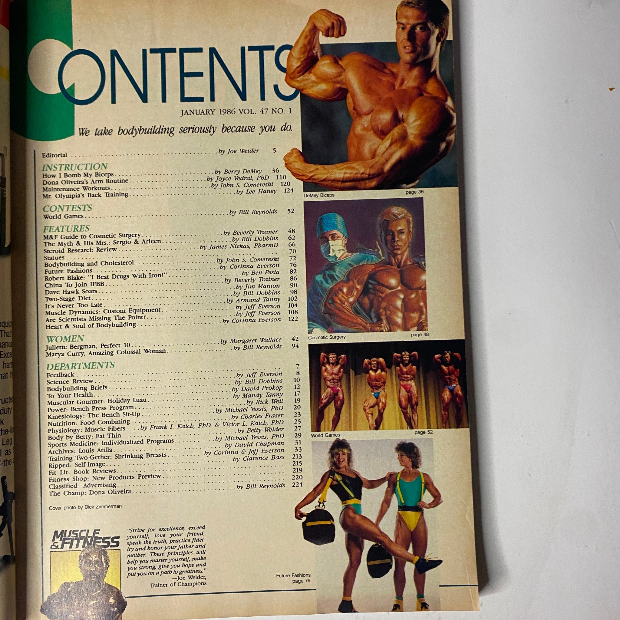 Contents page of Muscle & Fitness Magazine January 1986 showcasing articles and features on bodybuilding, including training routines and cosmetic surgery insights.