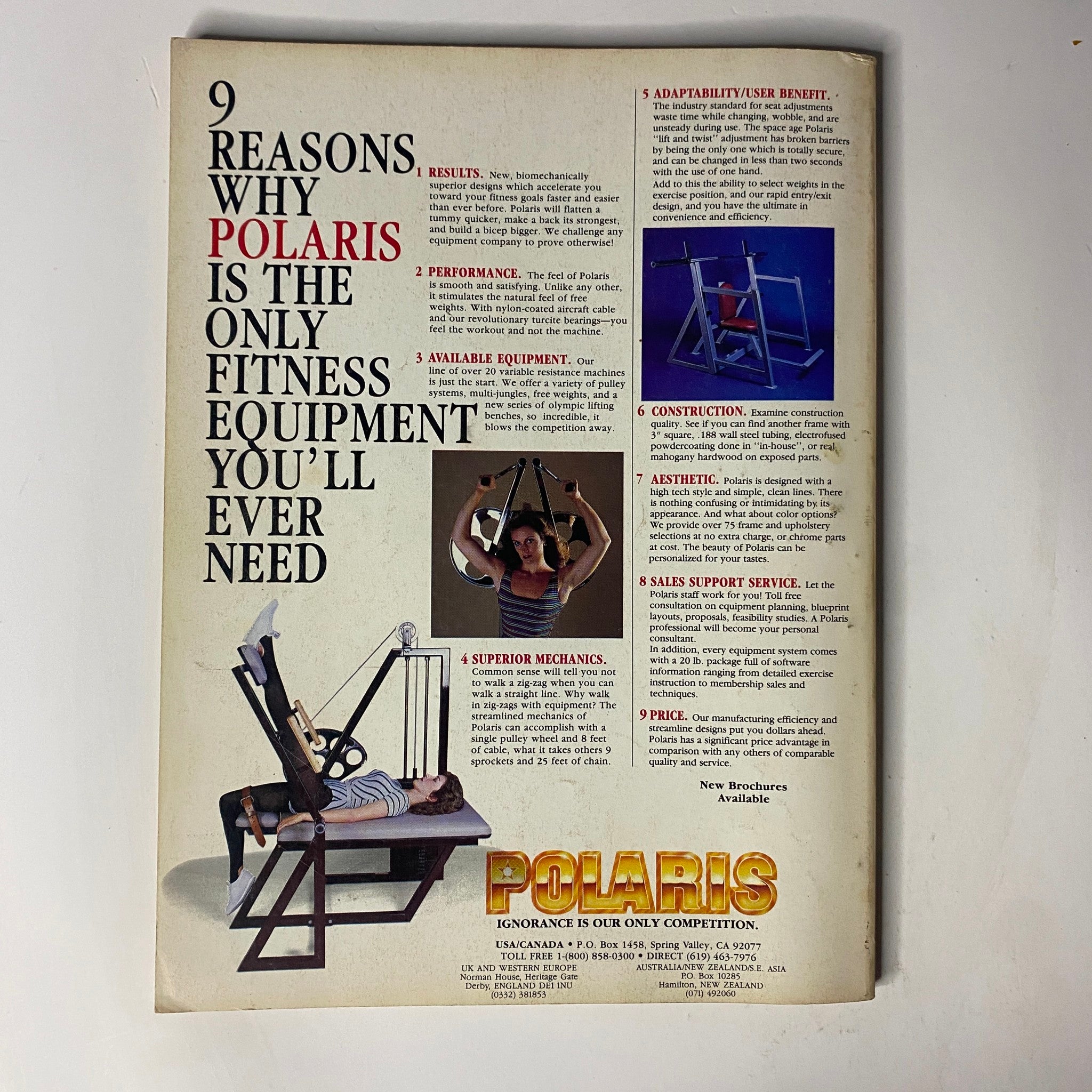Back cover of Muscle & Fitness Magazine January 1986 advertising Polaris fitness equipment with a focus on its unique features and benefits.
