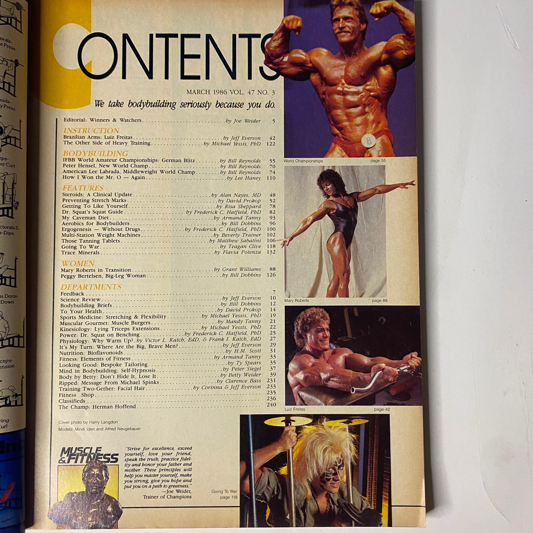 Contents page of Muscle & Fitness Magazine March 1986, detailing sections such as bodybuilding, features, and departments, showcasing prominent figures like Arnold Schwarzenegger.