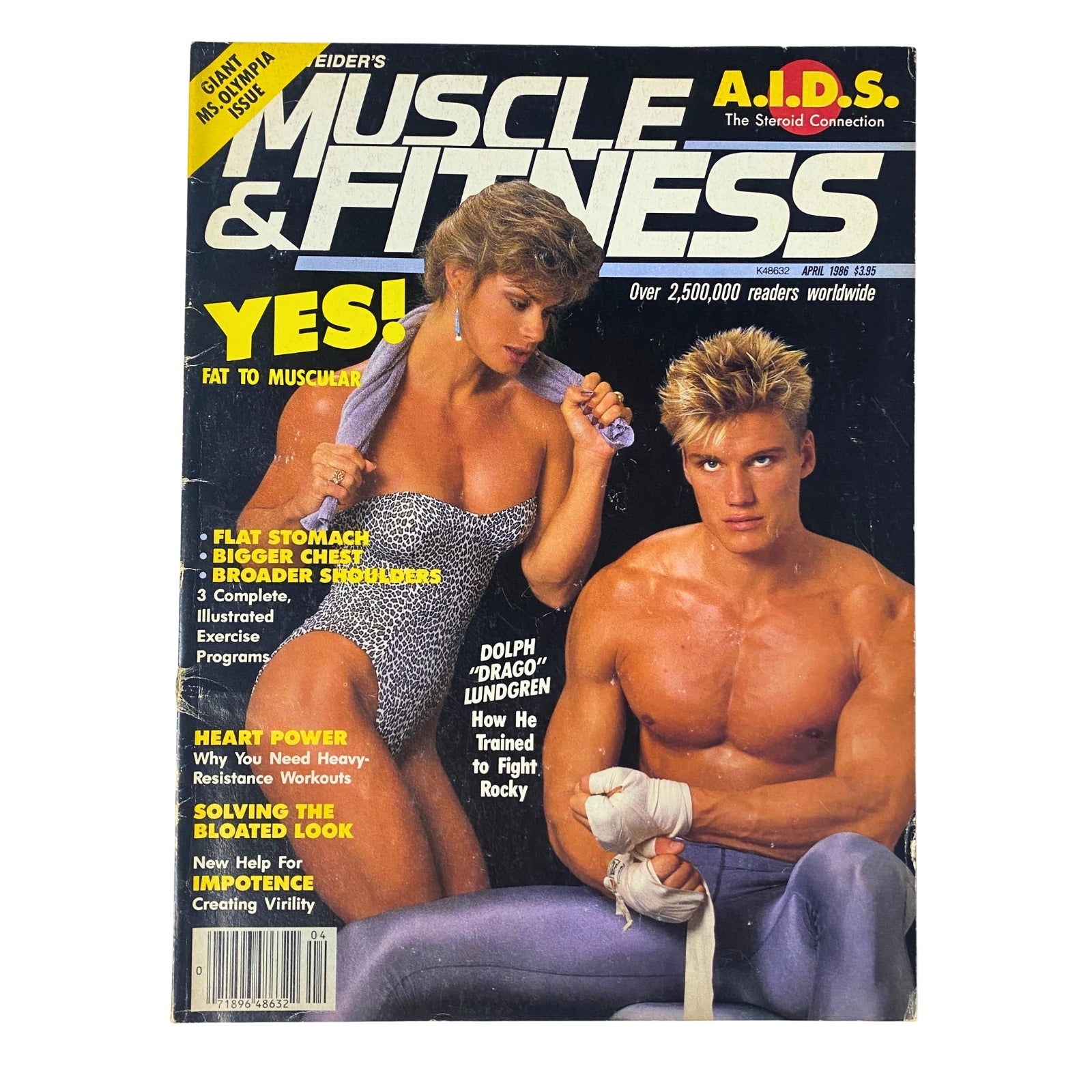 Cover of Muscle & Fitness Magazine April 1986 featuring Lori Walkup and Dolph Lundgren, emphasizing bodybuilding and fitness trends of the mid-1980s.