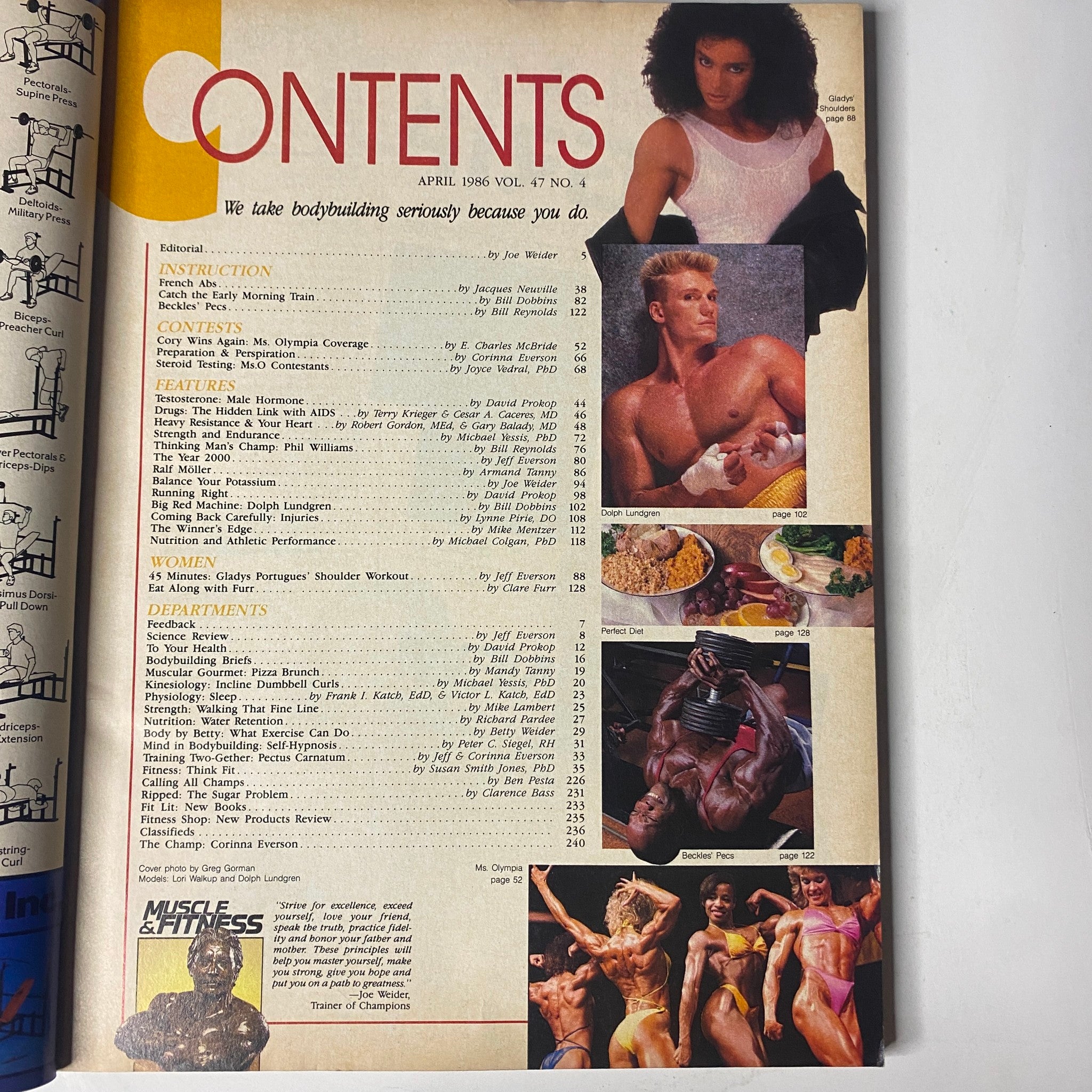 Contents page of Muscle & Fitness Magazine April 1986, detailing features, instructional content, and notable articles related to bodybuilding and fitness.