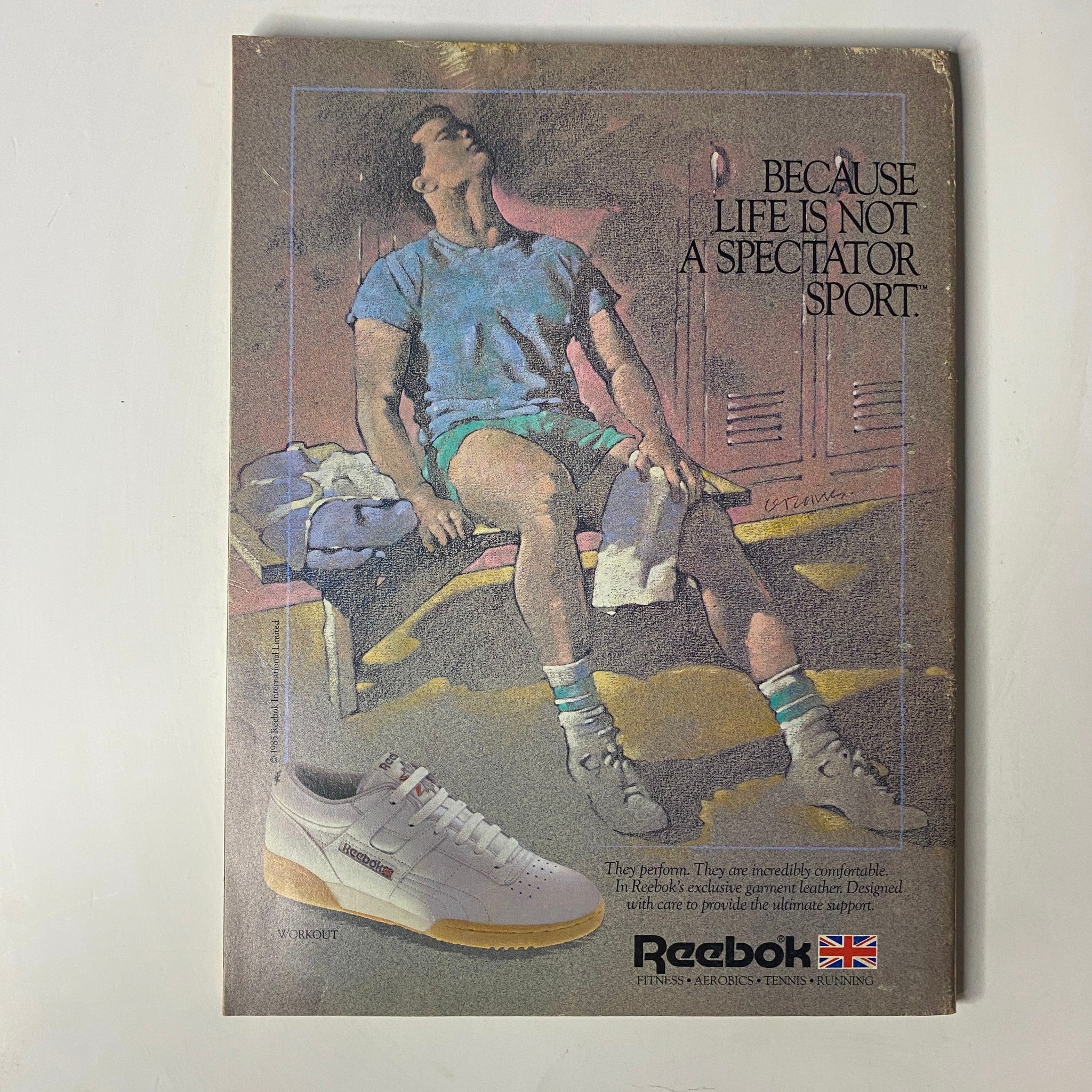 Advertisement from Muscle & Fitness Magazine April 1986 promoting Reebok shoes, highlighting the importance of fitness and athleticism.