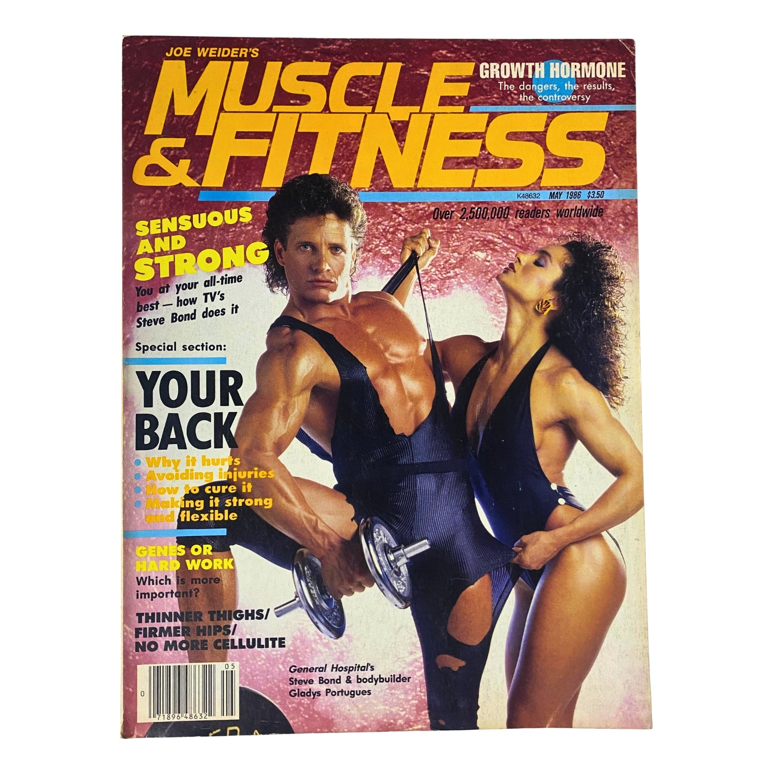 Muscle & Fitness Magazine cover featuring Steve Bond and Gladys Portugues showcasing bodybuilding culture and fitness trends from May 1986.