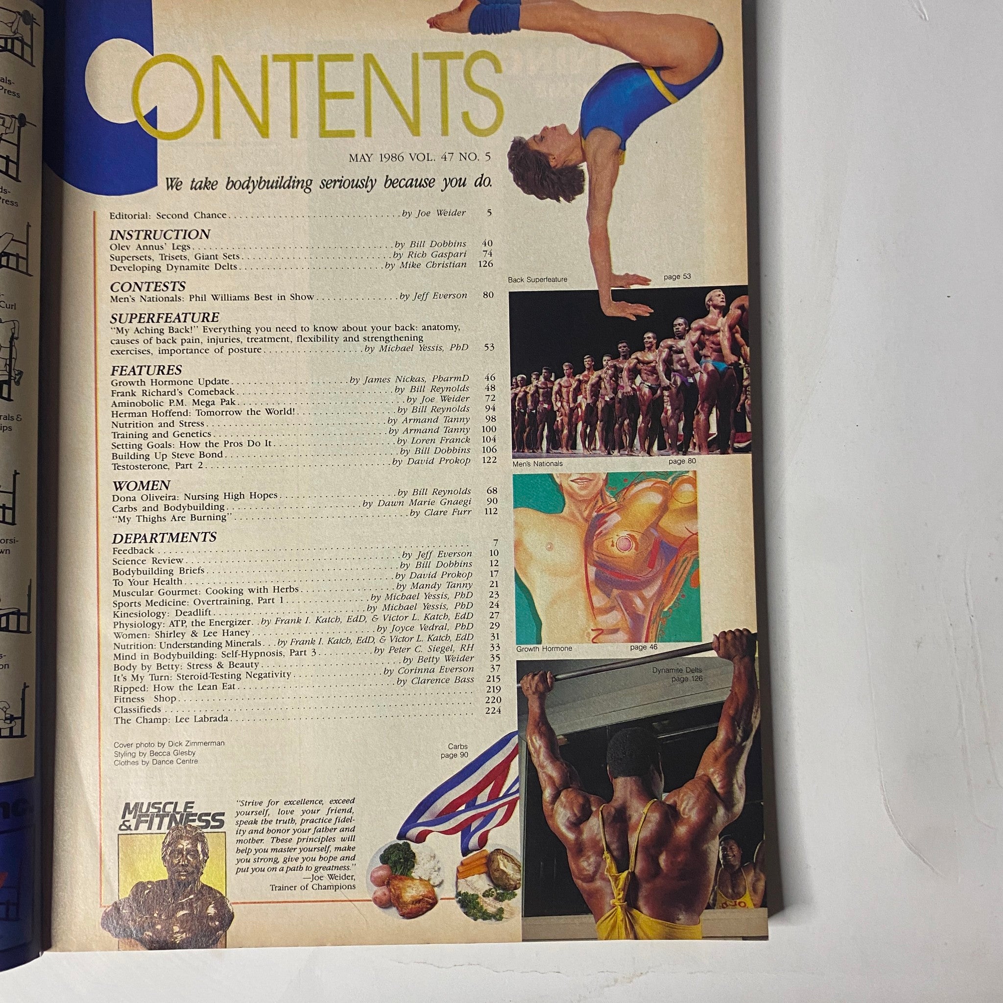 Contents page of Muscle & Fitness Magazine from May 1986, highlighting articles on bodybuilding instruction, superfeatures, and women's fitness.
