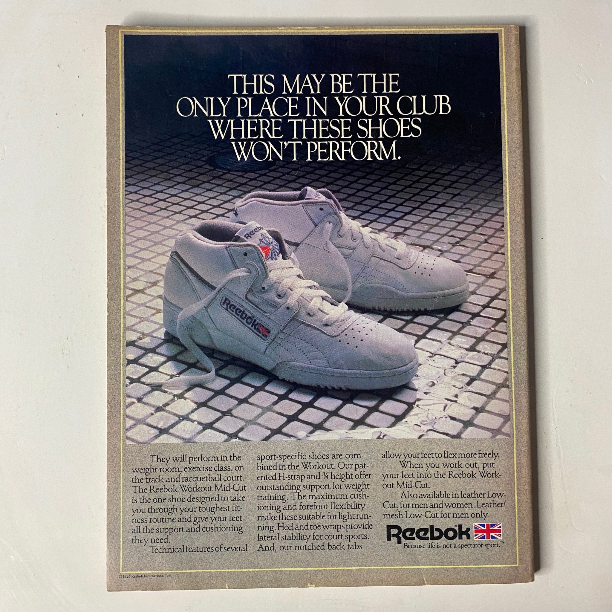 Advertisement for Reebok shoes in Muscle & Fitness Magazine, emphasizing the footwear's performance in weight training and comfort for athletes.