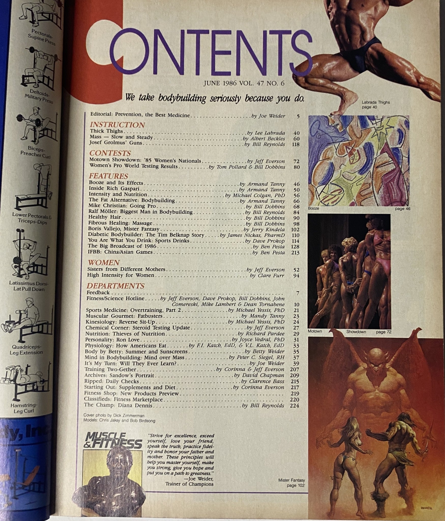 Contents page of Muscle & Fitness Magazine June 1986 detailing features and sections like instruction, contests, and departments, focusing on bodybuilding and health.