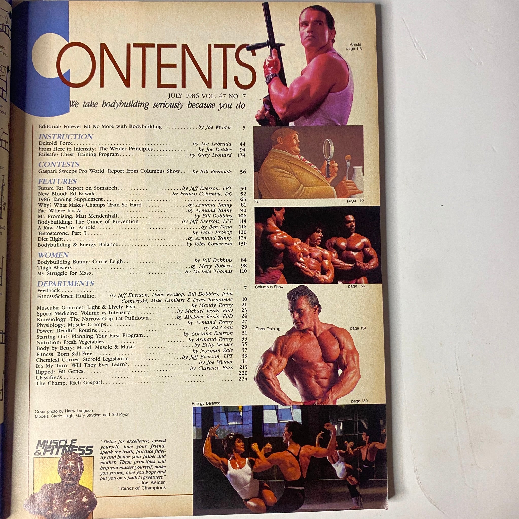 Contents page of Muscle & Fitness Magazine, July 1986, outlining featured articles and instruction, including a spotlight on Carrie Leigh.