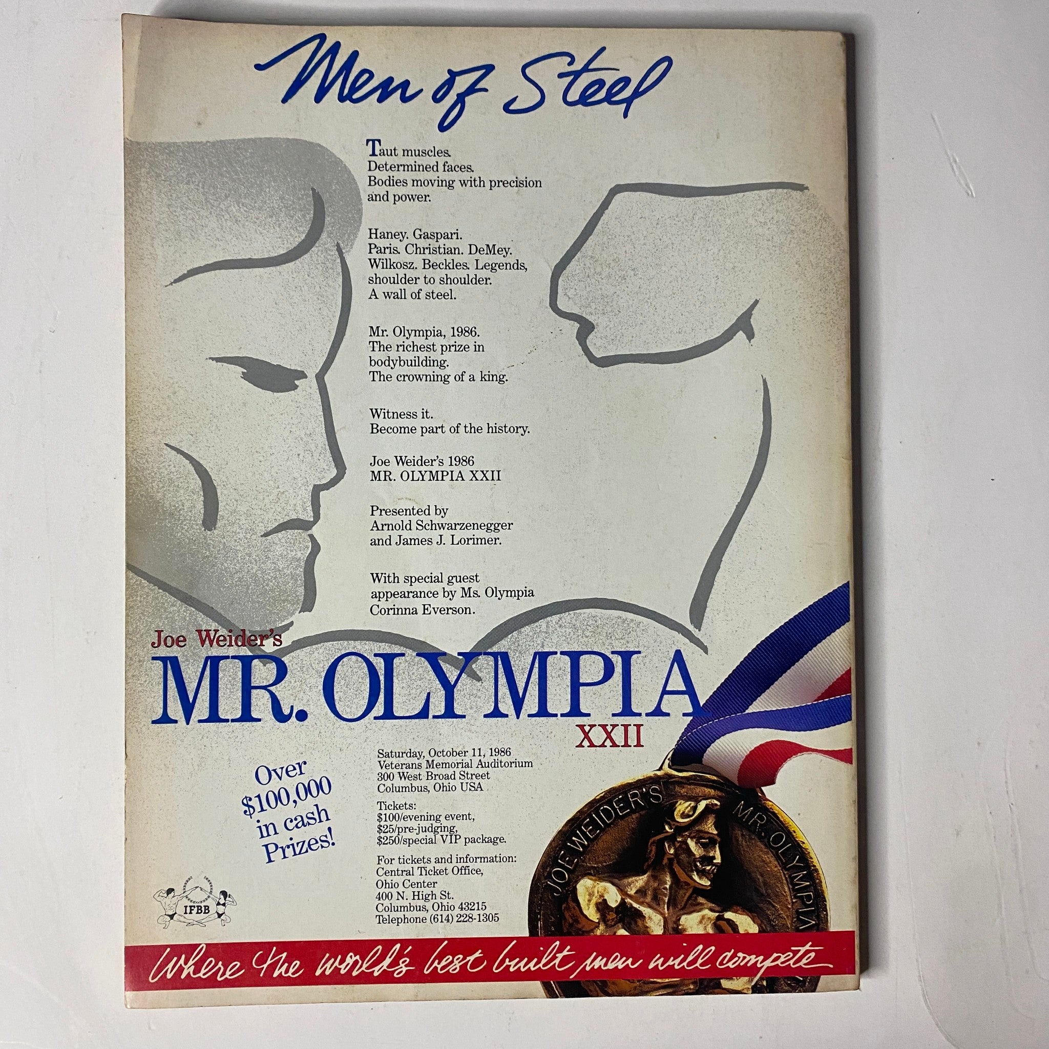 Back cover of Muscle & Fitness Magazine, July 1986, highlighting Mr. Olympia XXII with images and awards related to bodybuilding competition.