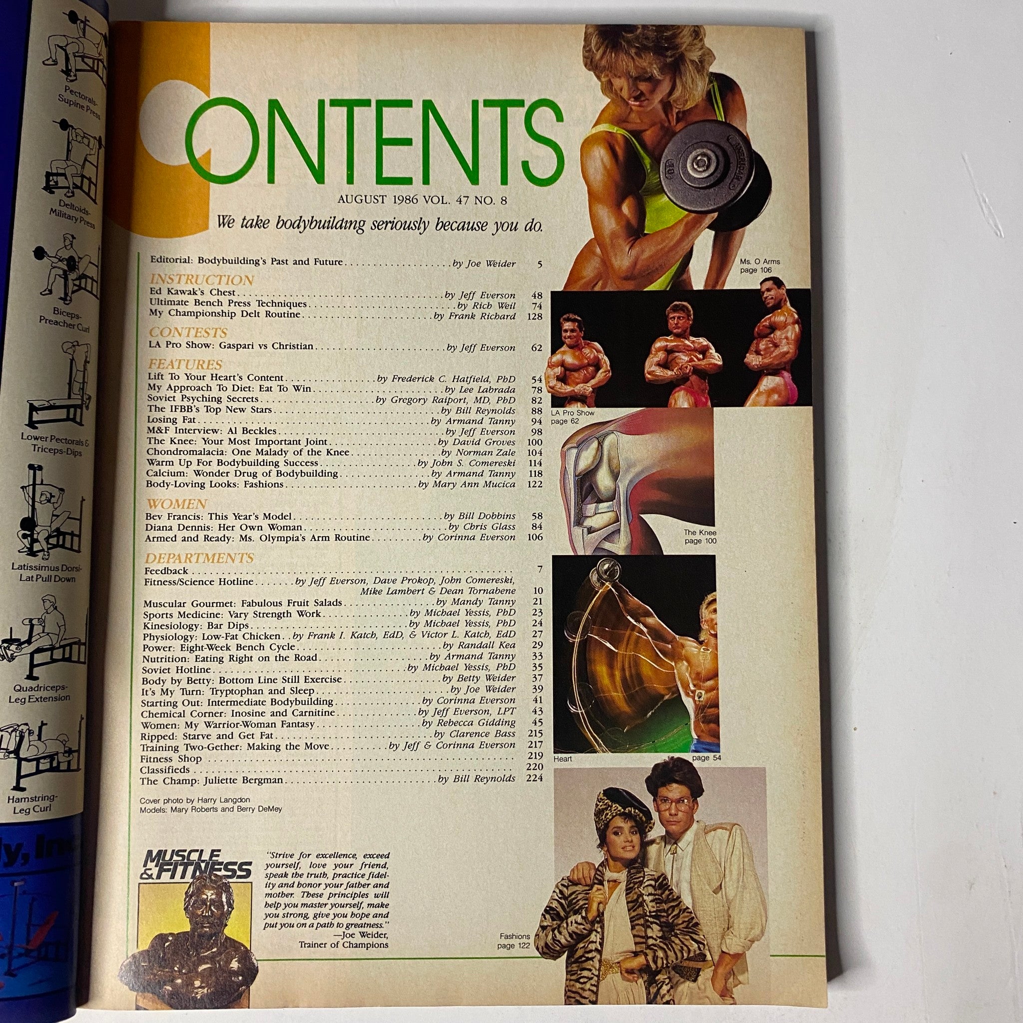 Muscle & Fitness Magazine August 1986 - Table of Contents featuring Bodybuilding and Fitness articles, including instructions, features, and departments, promoting a commitment to serious bodybuilding.