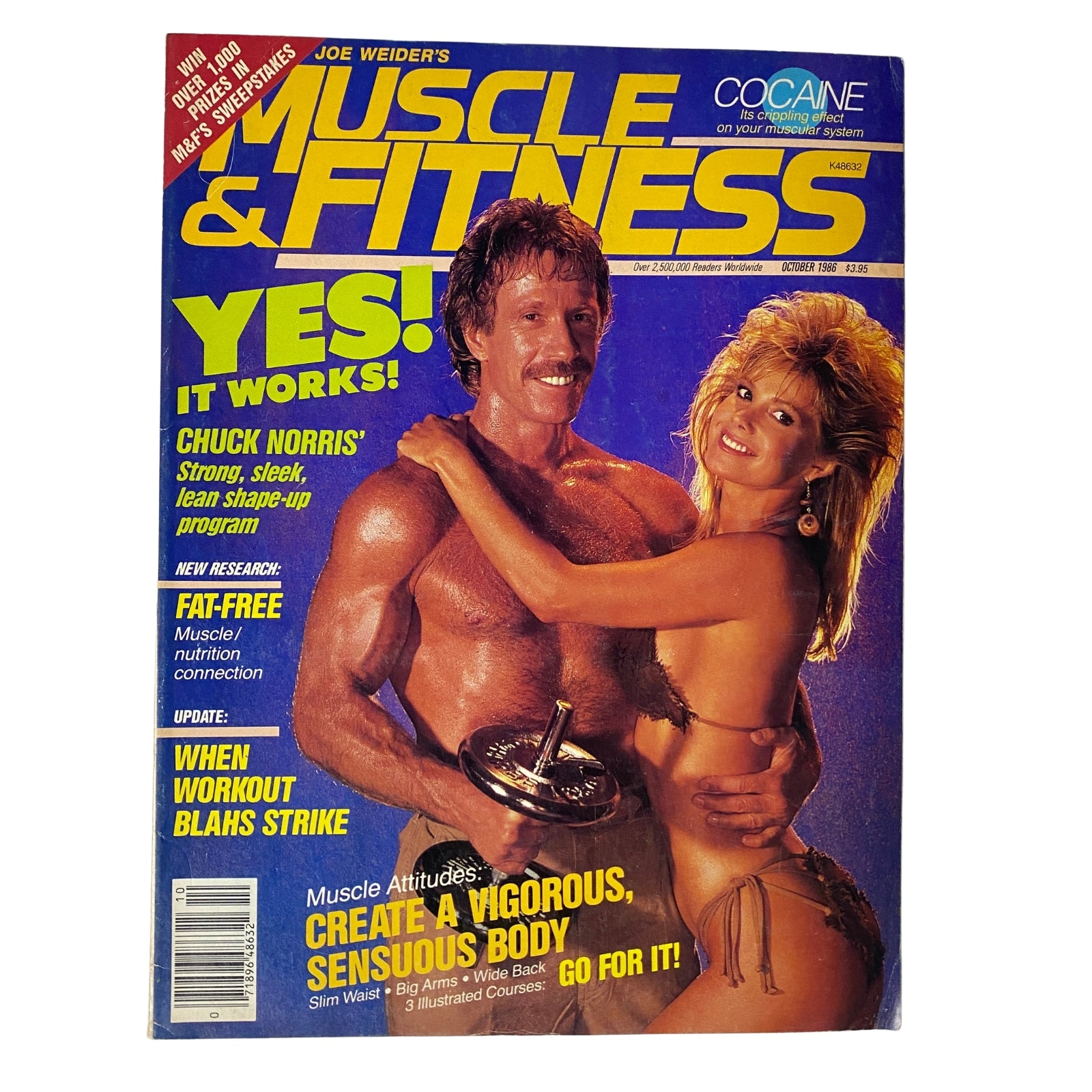 Cover of Muscle & Fitness Magazine from October 1986 featuring Mindi Iden and Chuck Norris. The magazine showcases bodybuilding topics and fitness tips.