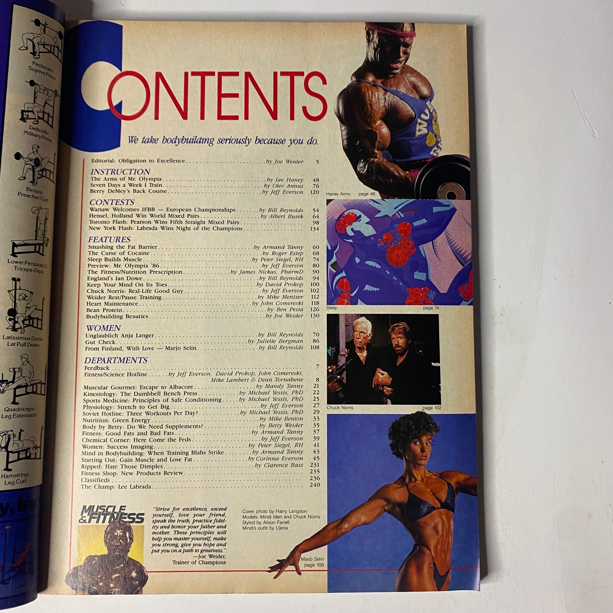 Contents page of Muscle & Fitness Magazine, October 1986, highlighting various sections including instruction, features, and departments related to bodybuilding.