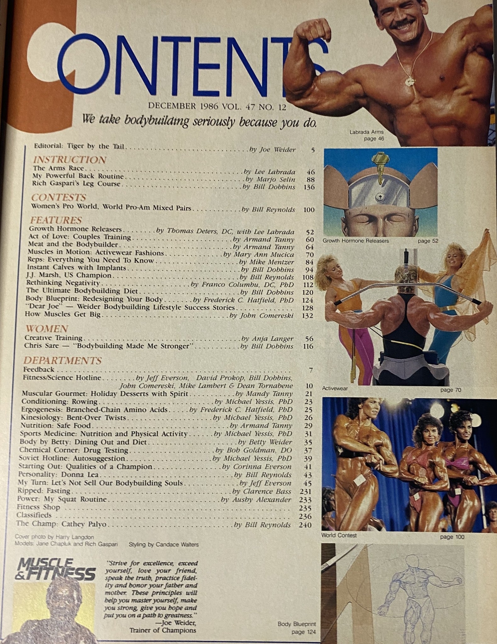 Contents page of Muscle & Fitness Magazine December 1986, highlighting features, instruction sections, and notable articles including Lee Labrada and bodybuilding tips.
