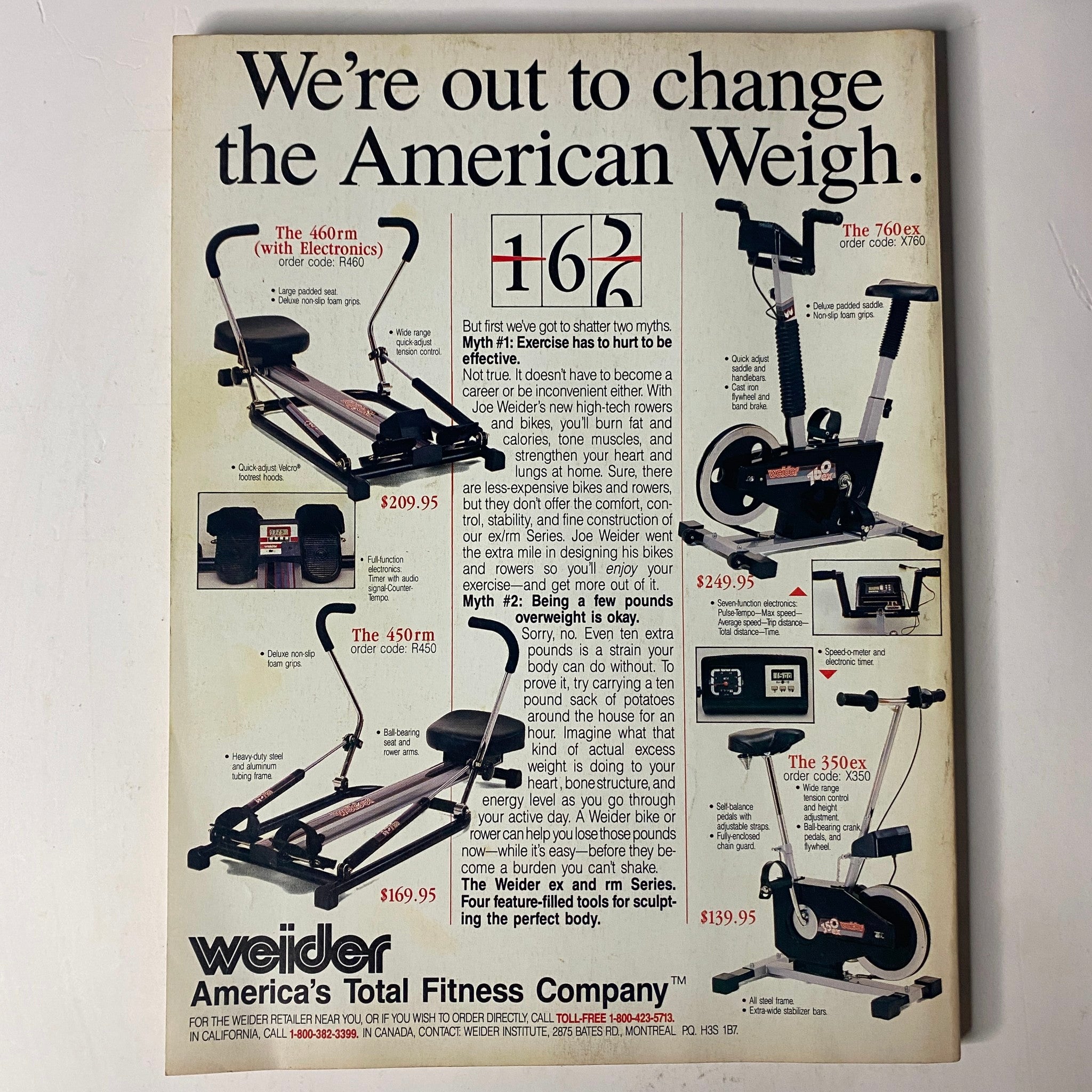 Advertisement page from Muscle & Fitness Magazine December 1986 by Weider, featuring various fitness equipment and promoting bodybuilding lifestyle.