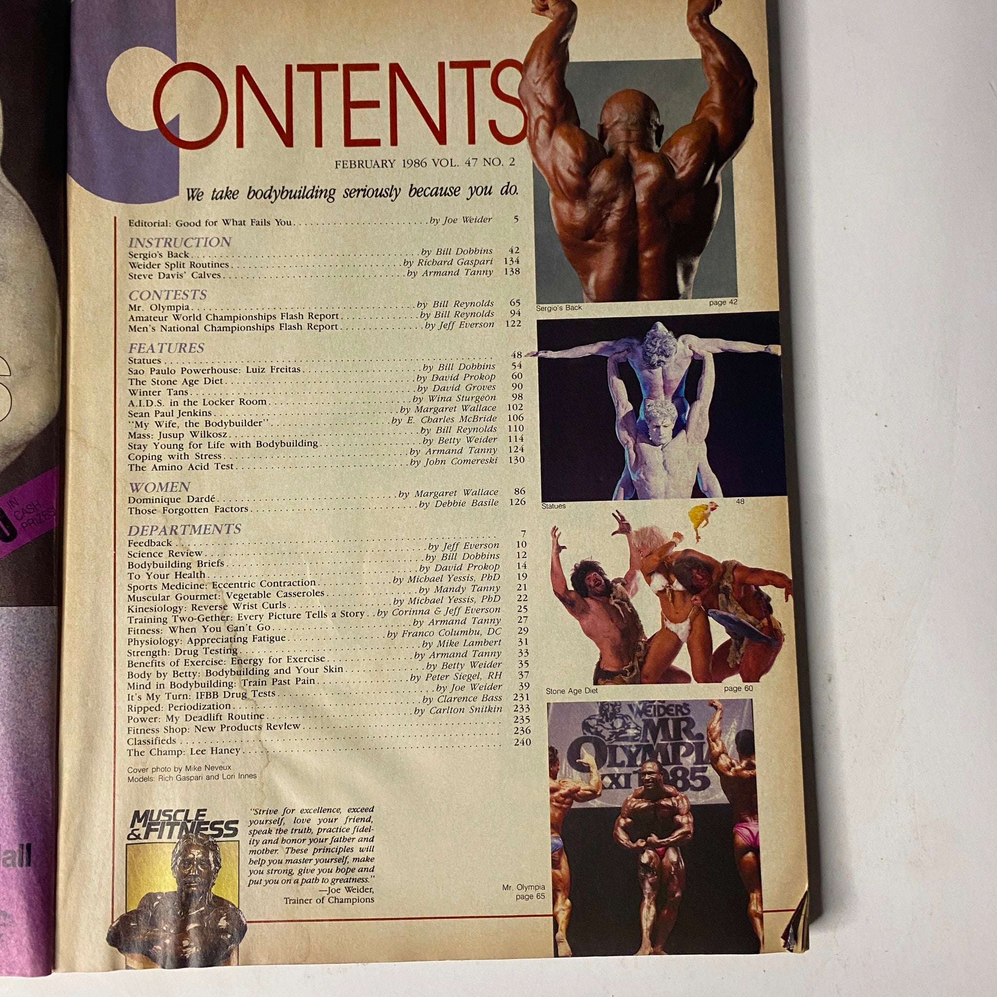 Contents page from Muscle & Fitness Magazine February 1986 featuring Rich Gaspari and highlights from articles on bodybuilding and competitions.