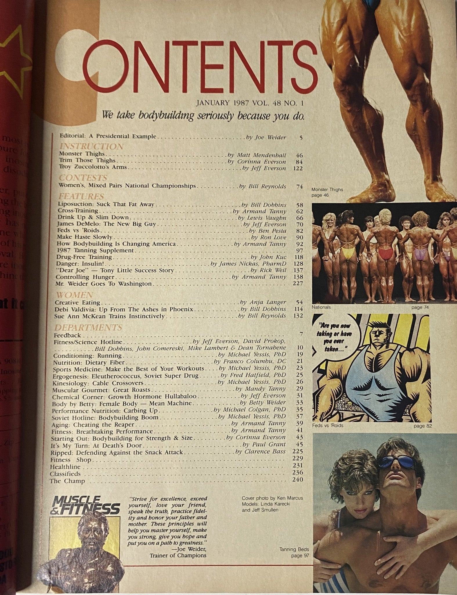 Contents page of Muscle & Fitness Magazine January 1987, detailing editorial features, fitness instructions, and highlights from the magazine.