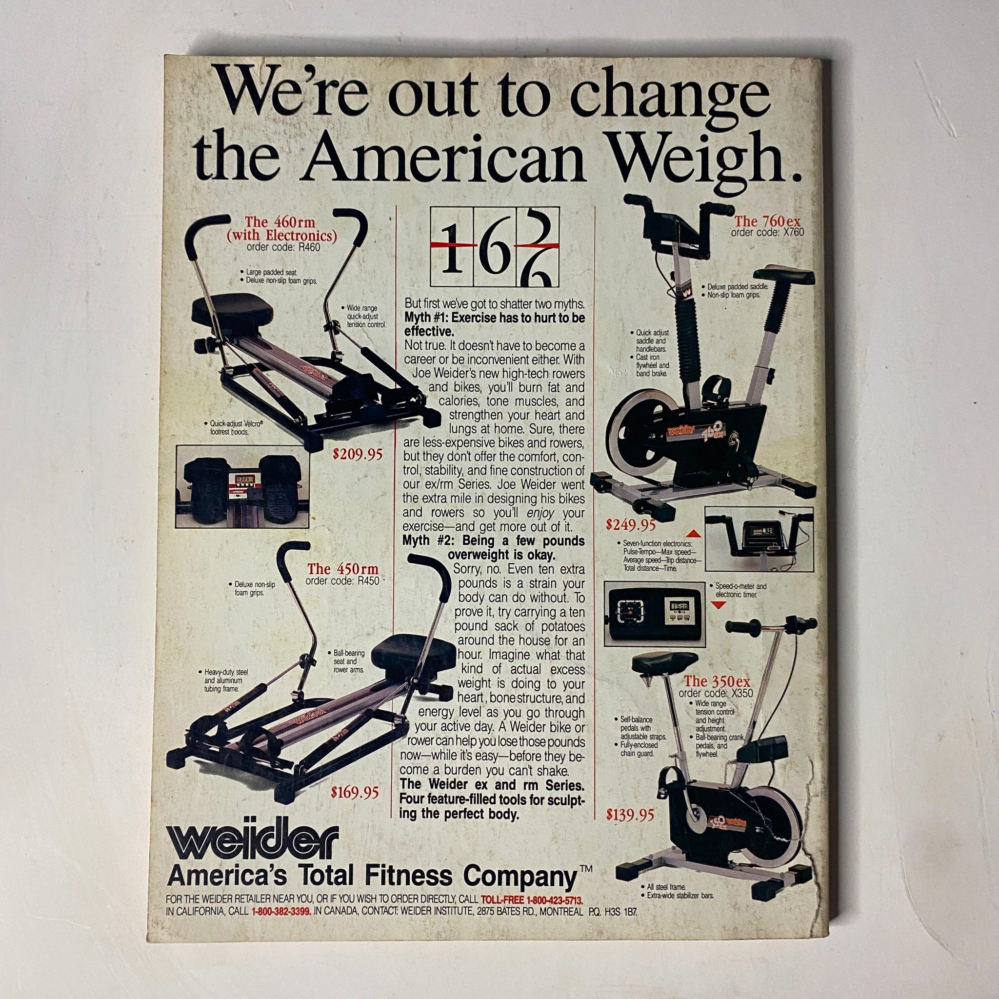We're out to change the American Weigh: A vintage advertisement featuring exercise equipment from Weider, including a rowing machine and stationary bike, from the Muscle & Fitness Magazine January 1987 issue with Linda Karecki and Jeff Smullen on the cover.
