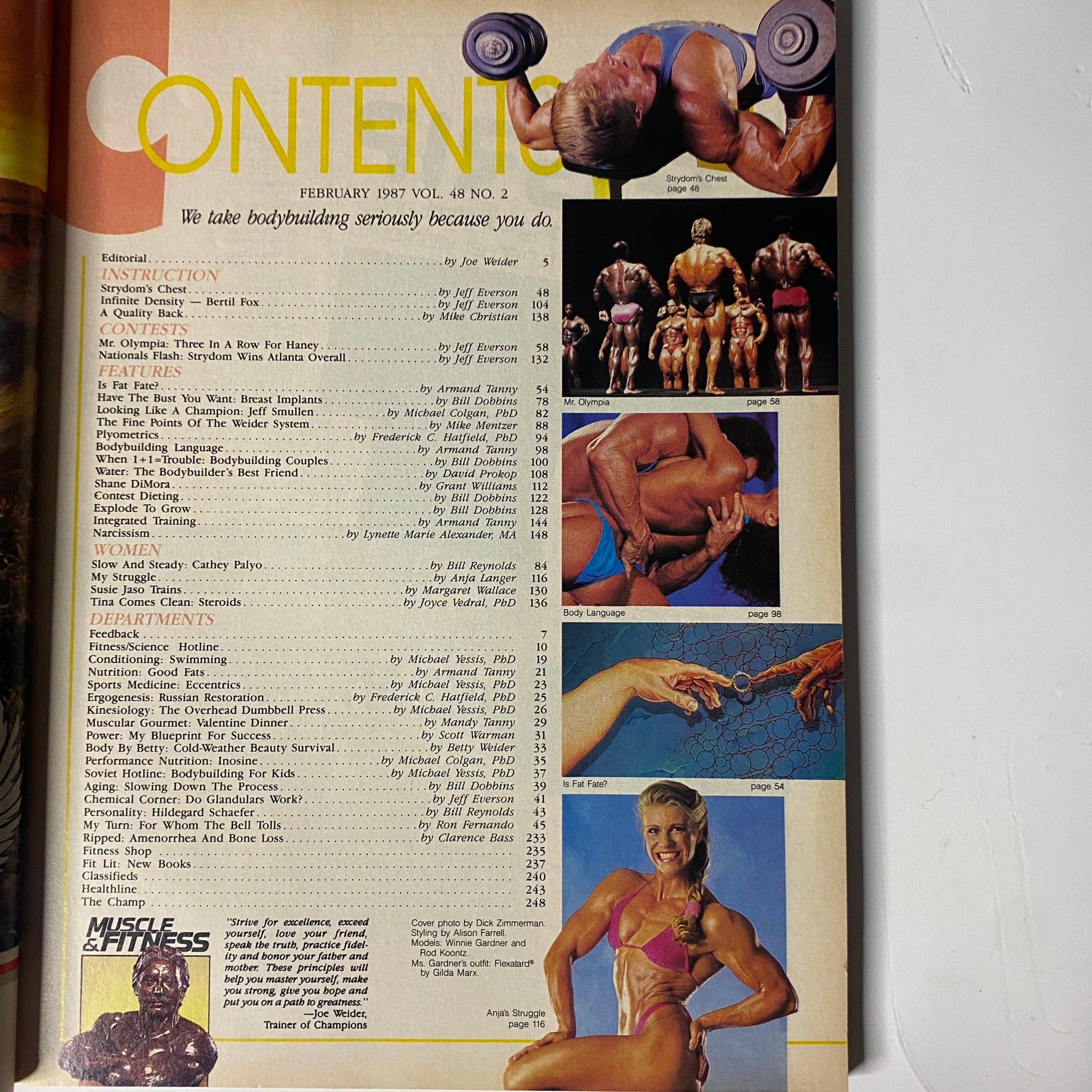 Contents page of Muscle & Fitness Magazine February 1987, highlighting articles and features on bodybuilding, fitness, and nutrition.