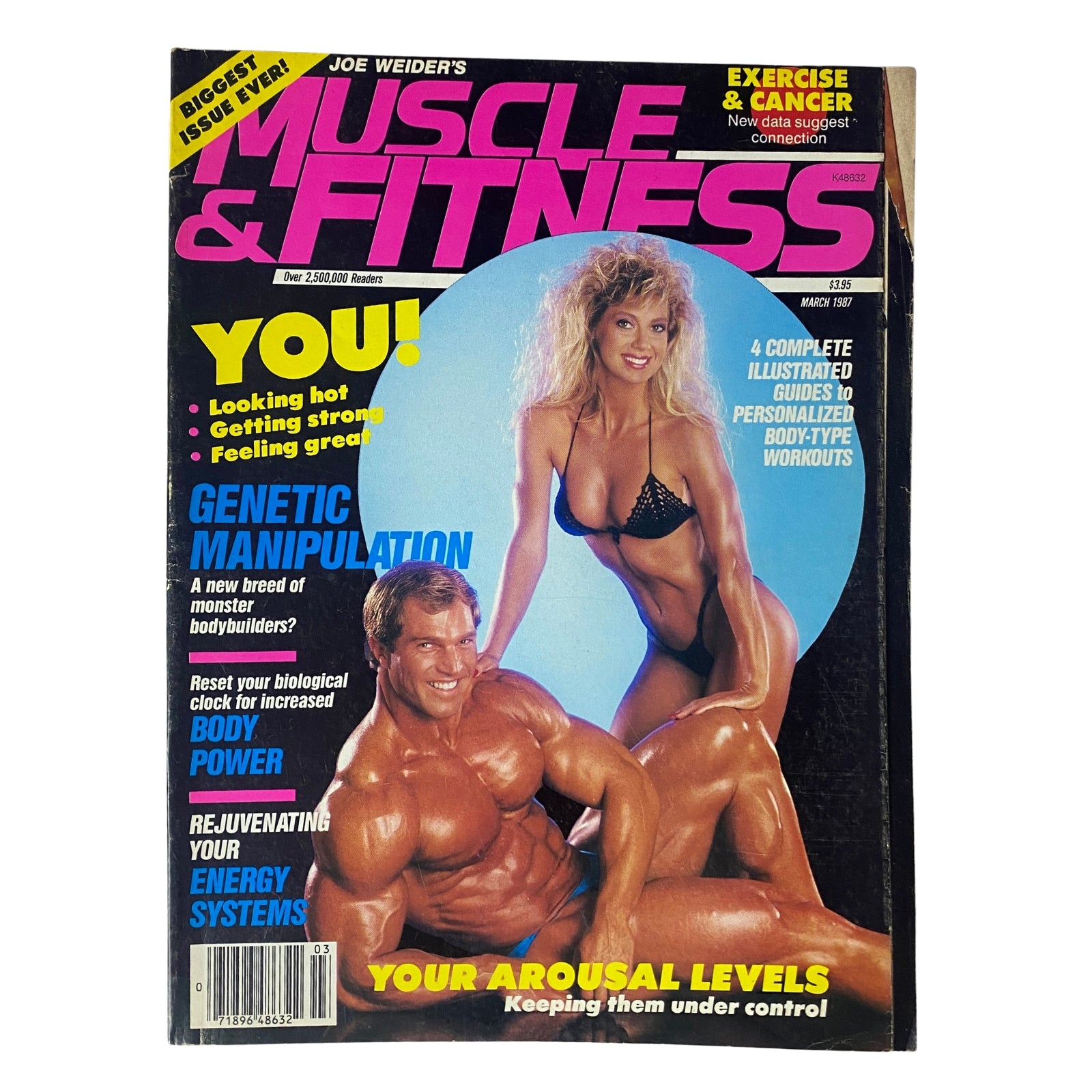 Cover of Muscle & Fitness Magazine March 1987 featuring Lynda Aldon and Gary Strydom, showcasing fitness and bodybuilding topics with a vibrant layout.