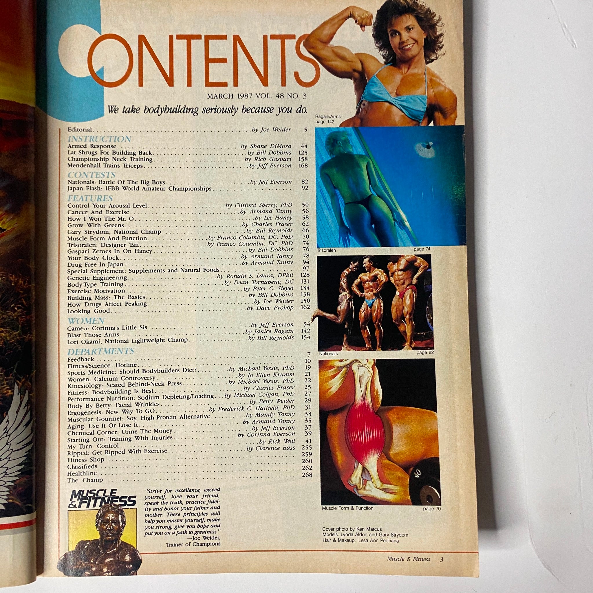 Contents page of Muscle & Fitness Magazine March 1987, detailing the editorial and featured articles, highlighting topics on bodybuilding and fitness.