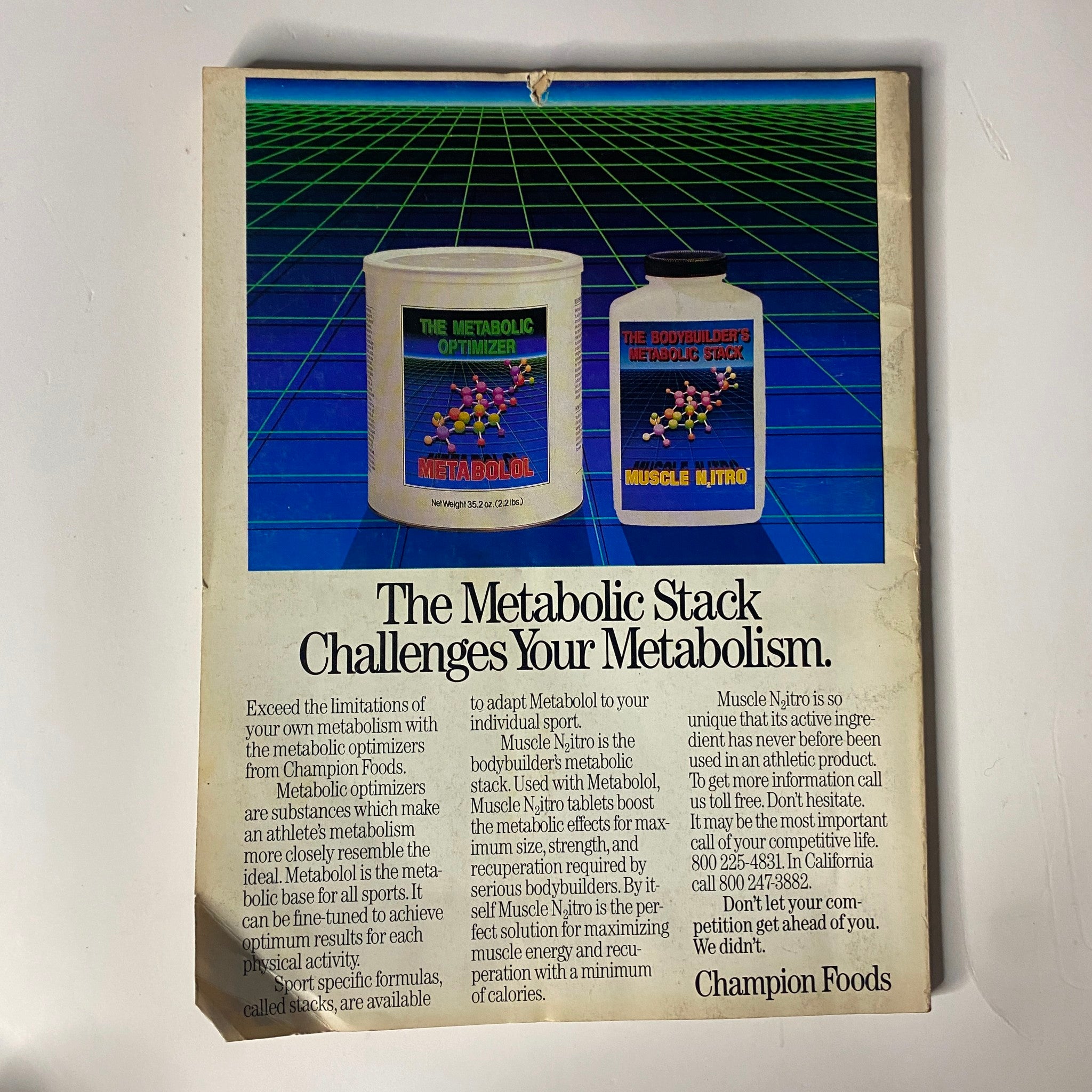 Advertisement for The Metabolic Stack in Muscle & Fitness Magazine March 1987, emphasizing metabolism improvement and products from Champion Foods.