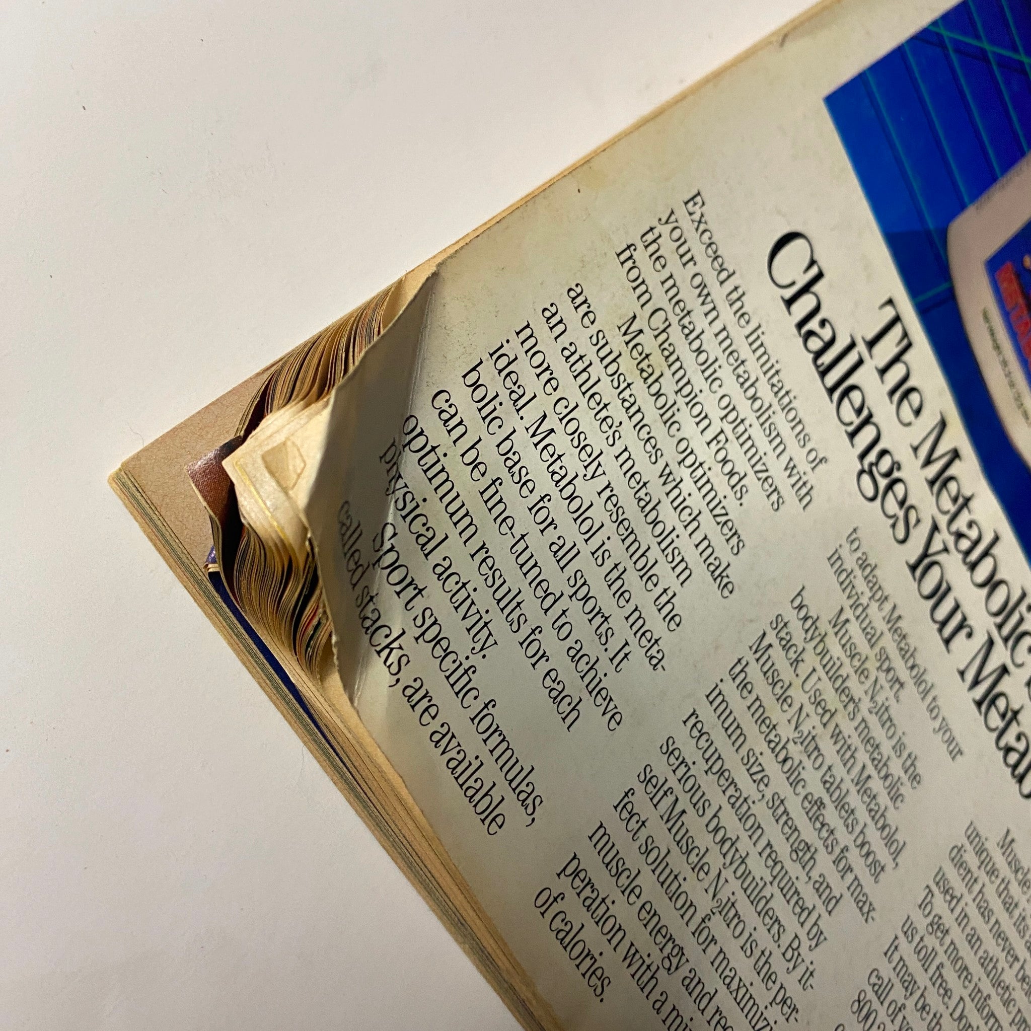 Close-up image of the ad for The Metabolic Stack in Muscle & Fitness Magazine March 1987, showing product packaging and promoting metabolic enhancement.