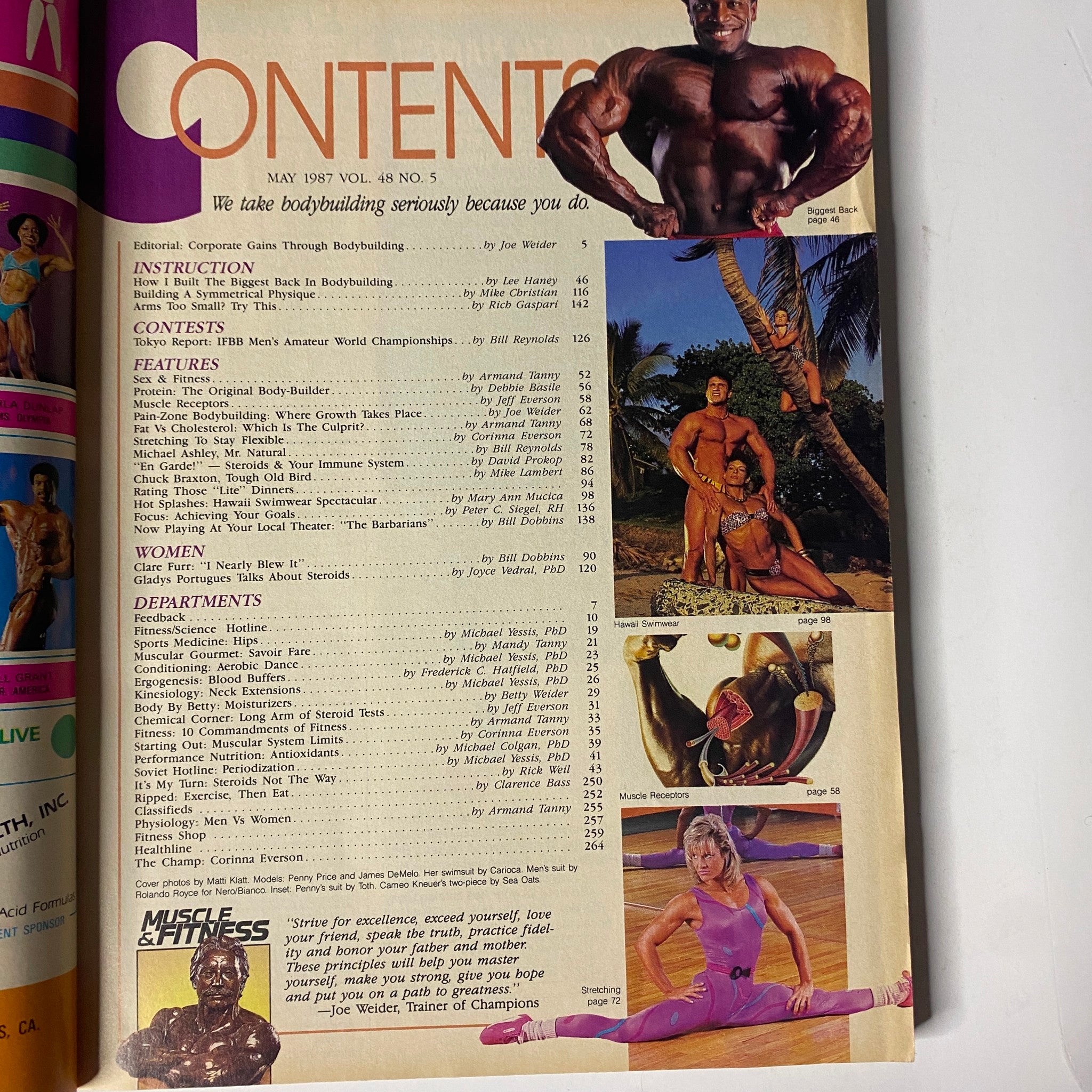Contents page of Muscle & Fitness Magazine May 1987 featuring editorial highlights, bodybuilding instruction articles, contest reports, and features on women in fitness, showcasing models in workout poses and gym settings.