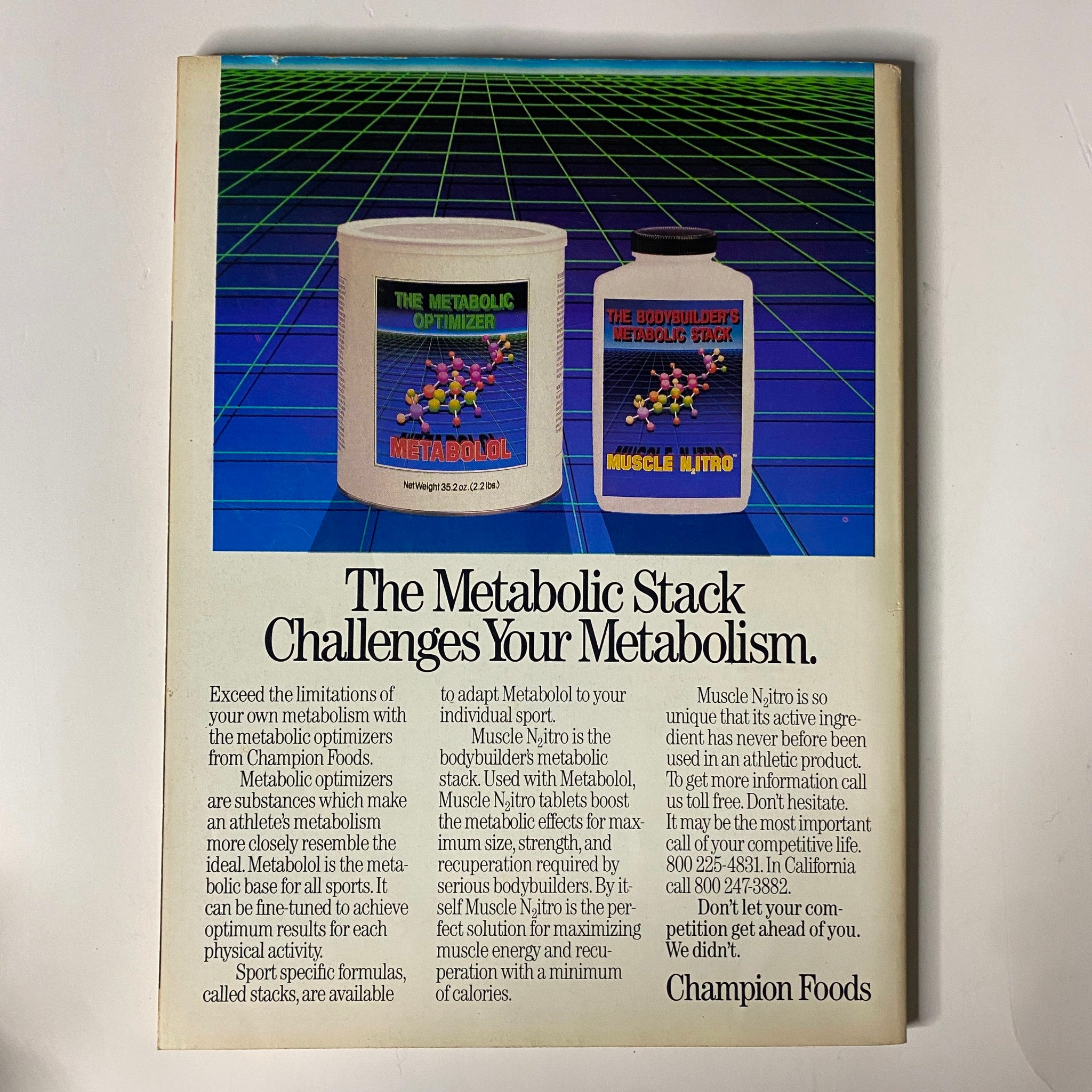 Advertisement for The Metabolic Stack promoting Muscle Nitro and Metabolic Optimizer from Champion Foods, featured in Muscle & Fitness Magazine May 1987, emphasizing metabolism challenges and improving physical performance.