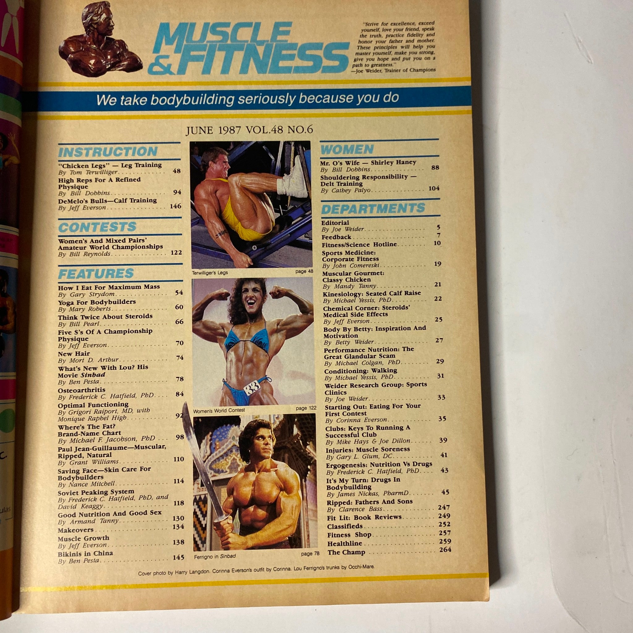 Interior page of Muscle & Fitness Magazine June 1987 displaying magazines features, including section titles and article highlights on bodybuilding and fitness.
