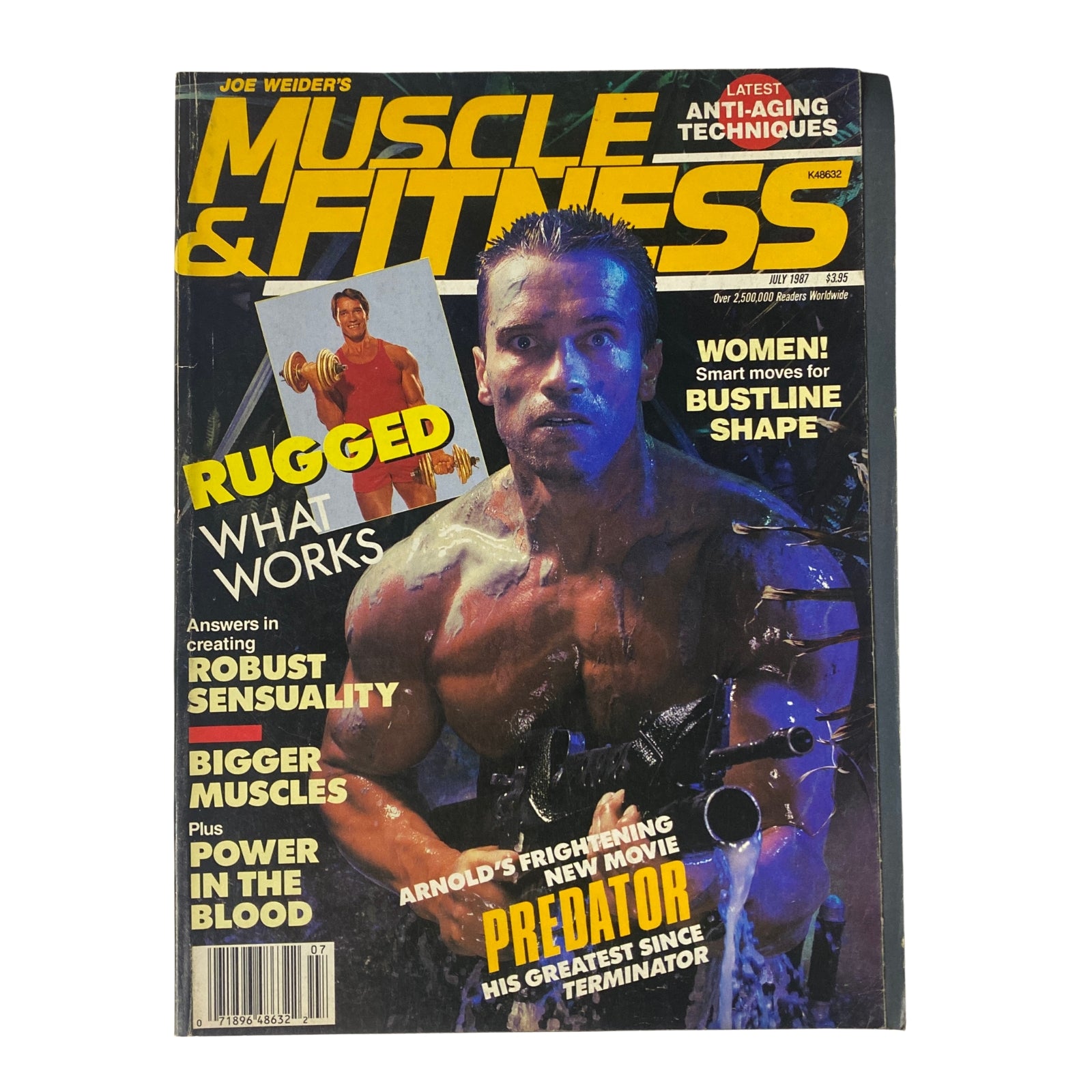 Muscle & Fitness Magazine July 1987 cover featuring Arnold Schwarzenegger, showcasing his physique in a wet and rugged appearance while promoting the movie Predator.