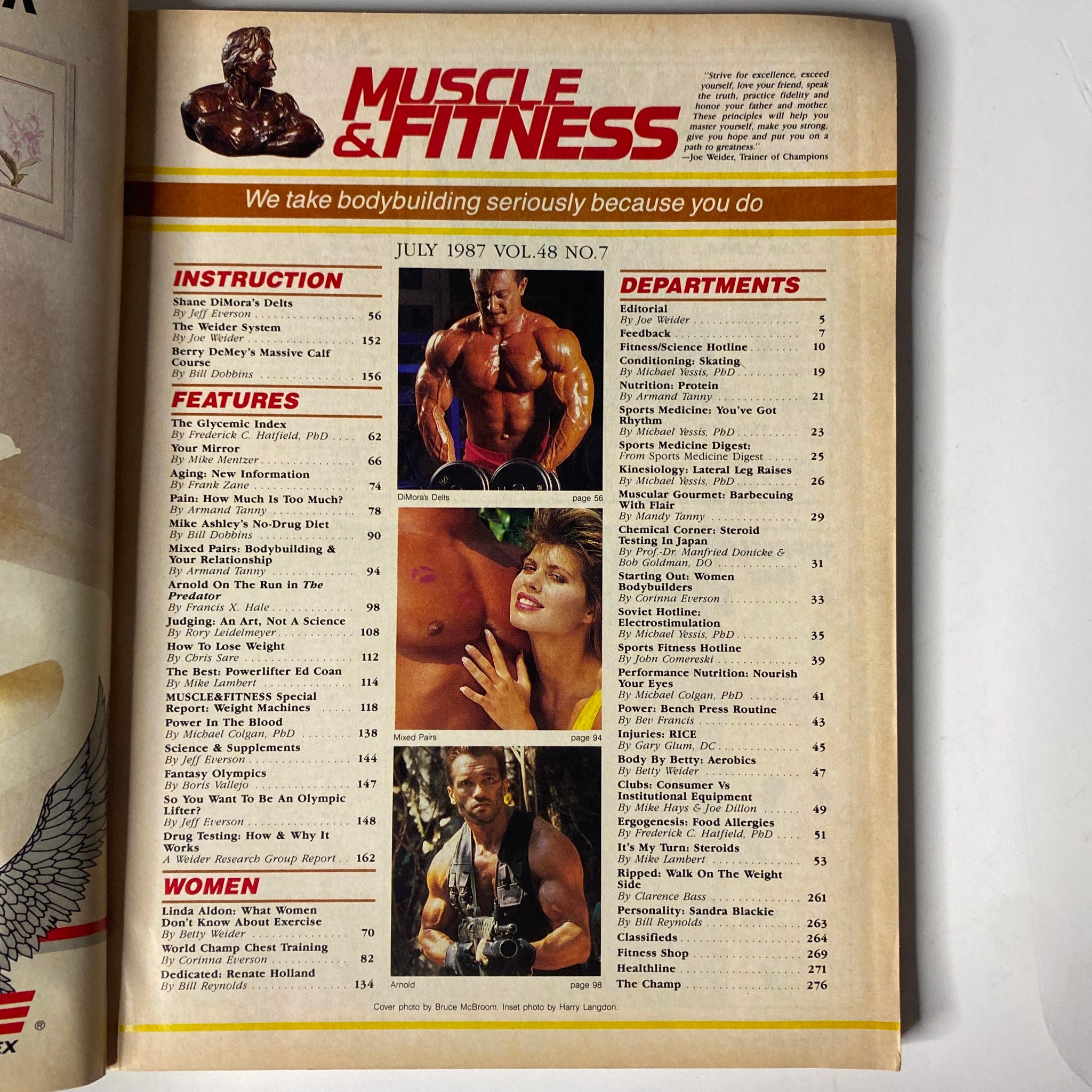 Inside page of Muscle & Fitness Magazine July 1987, displaying contents including articles on bodybuilding instruction, features, and departments with images of fitness personalities.