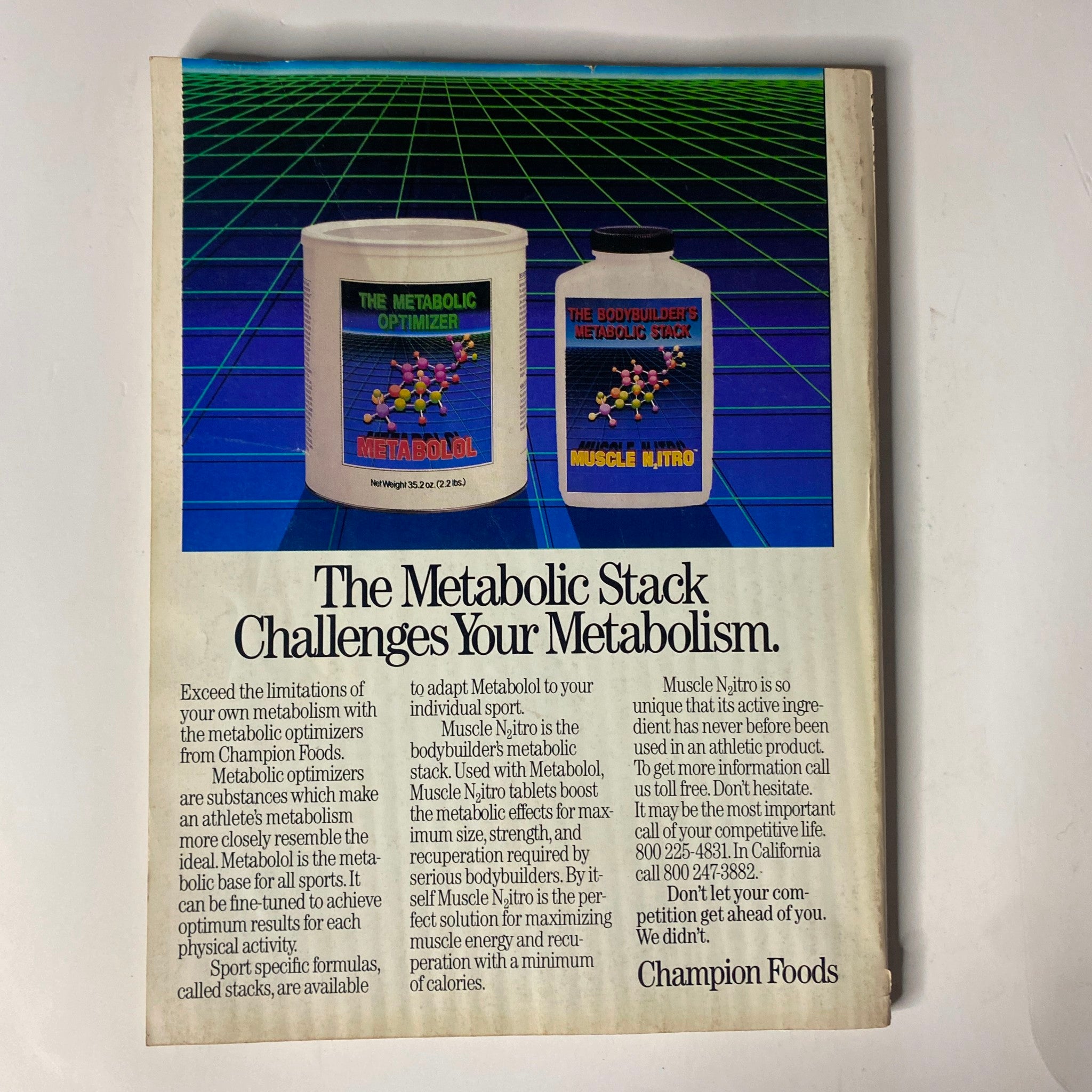 Advertisement in Muscle & Fitness Magazine July 1987 for Champion Foods, promoting the Metabolic Stack supplement designed to enhance metabolism.