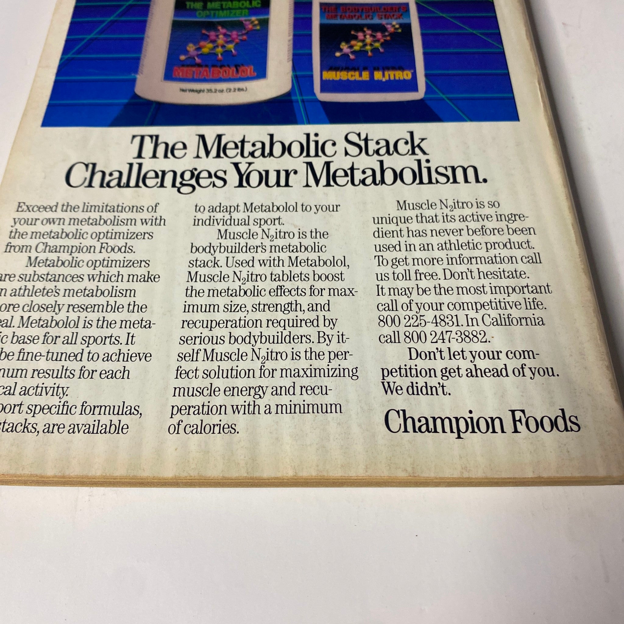 Continuation of the advertisement in Muscle & Fitness Magazine July 1987 by Champion Foods, detailing the benefits and instructions for using Muscle Nitro for metabolic support.
