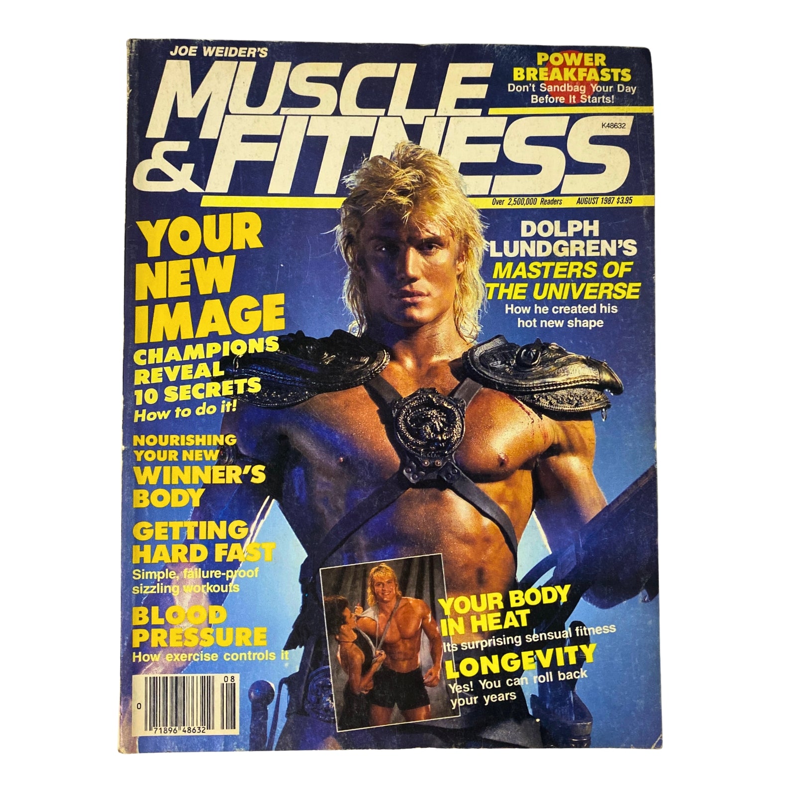 Muscle & Fitness Magazine cover from August 1987 featuring Dolph Lundgren as He-Man, showcasing fitness tips, bodybuilding advice, and health features.