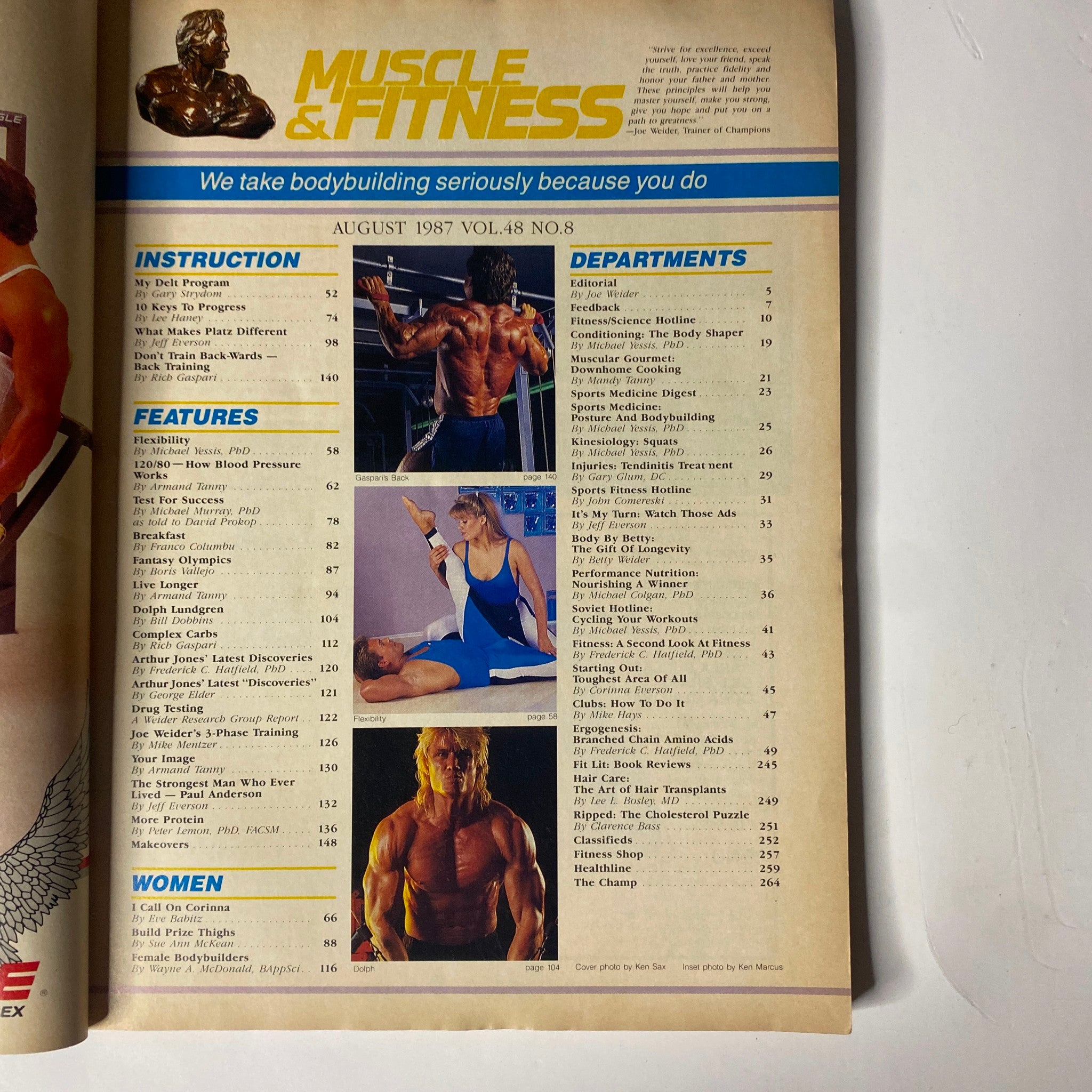 Muscle & Fitness Magazine August 1987 Vol 48, Num 8 showcasing contents highlights with a focus on bodybuilding exercises, nutrition, and fitness recommendations.