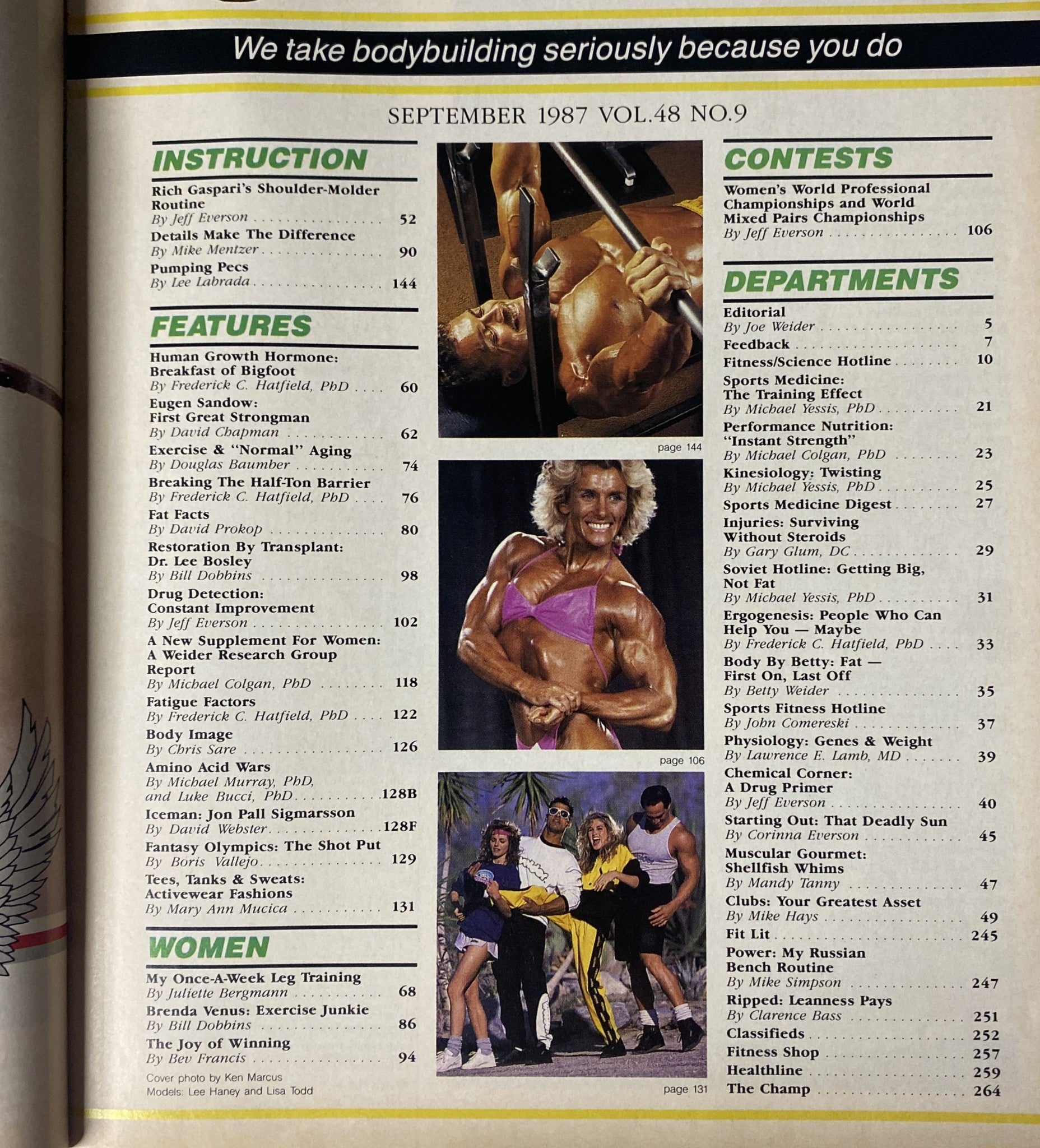 September 1987 issue of Muscle & Fitness Magazine featuring articles on bodybuilding, including Rich Gaspari's shoulder routine and women's fitness training, along with a cover showcasing athletes Lee Haney and Lisa Todd.