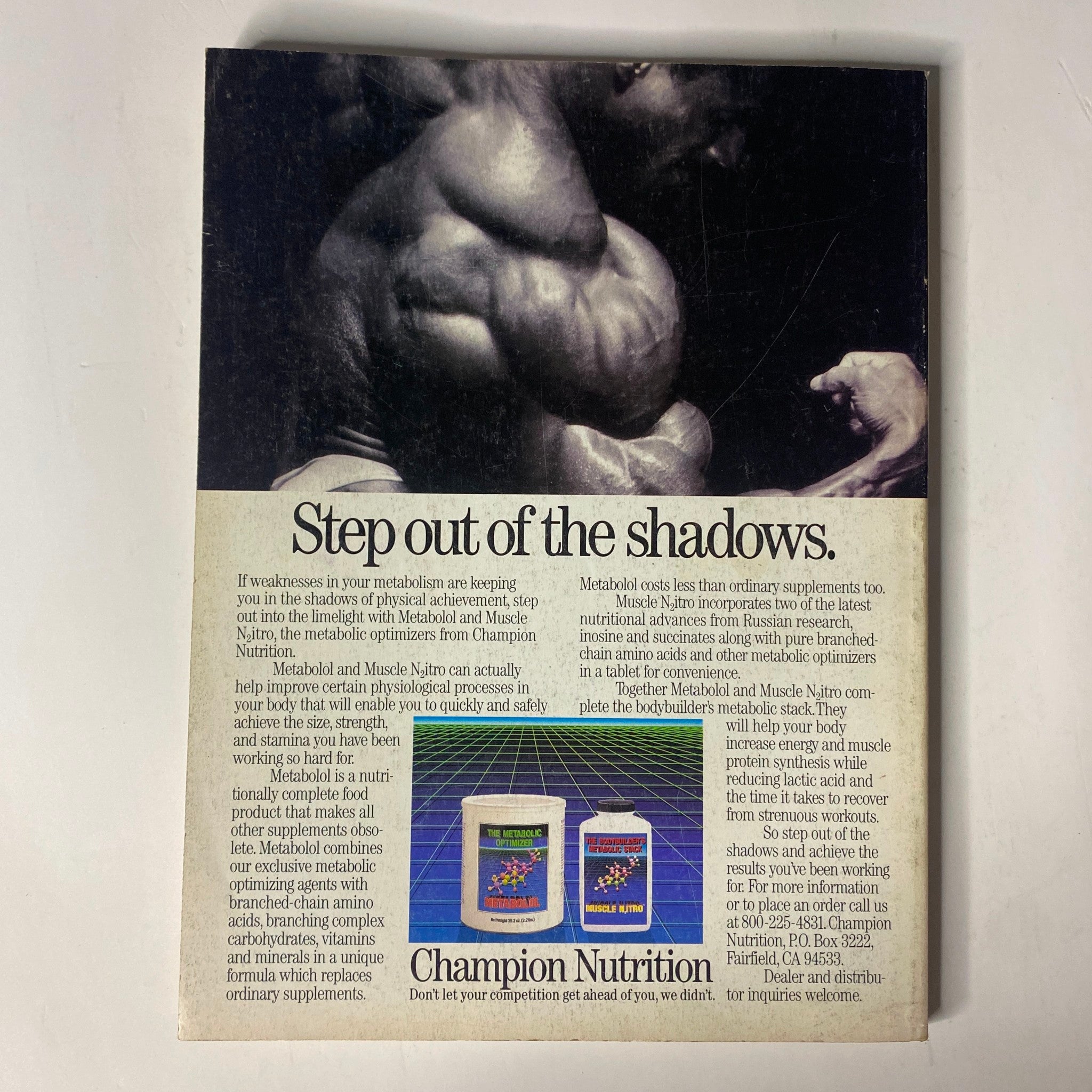 Back cover of Muscle & Fitness Magazine September 1987 advertising Champion Nutrition products, emphasizing bodybuilding supplements for optimal physical performance.